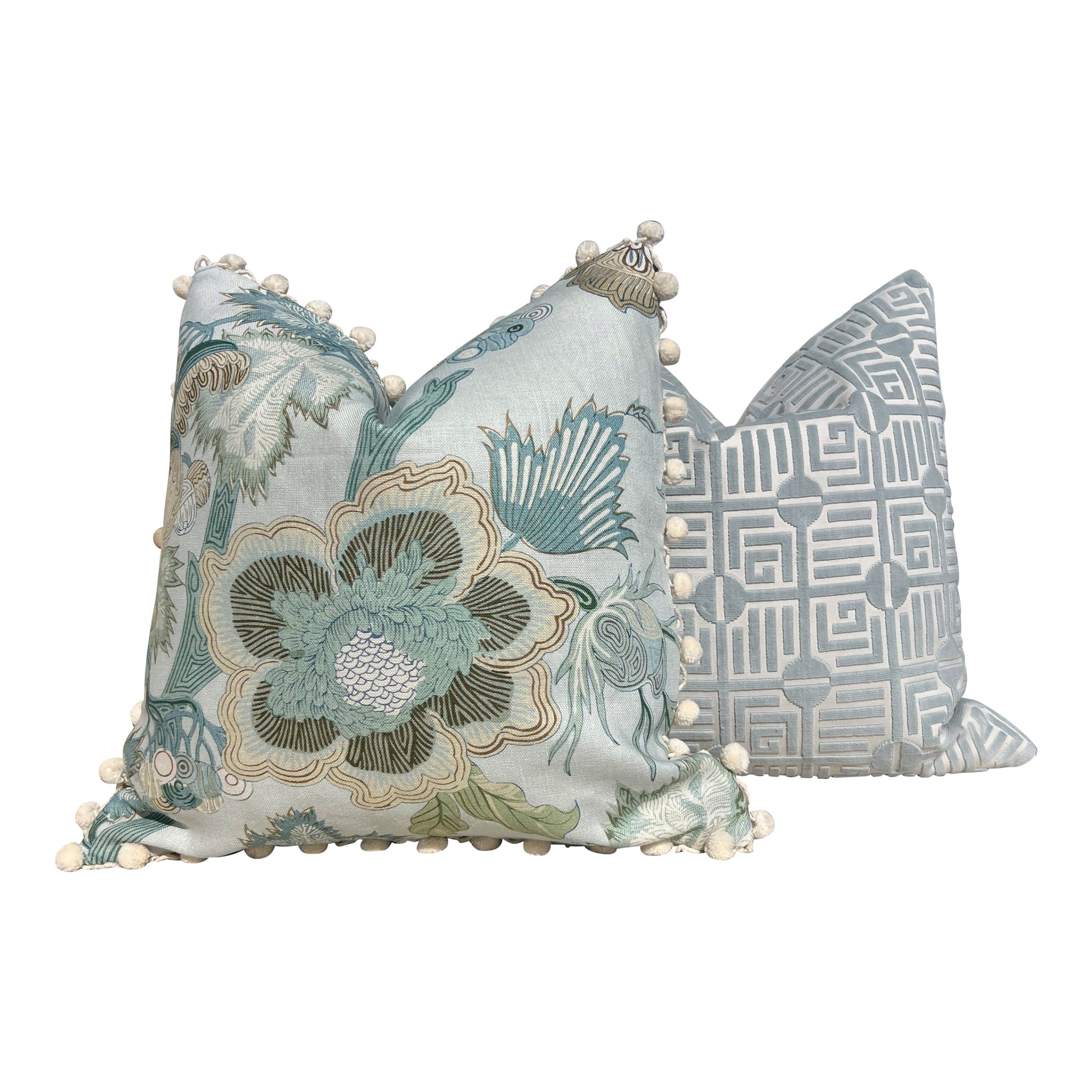 Jacobean Floral Pillow in Aqua, Cotton Rope Trim.