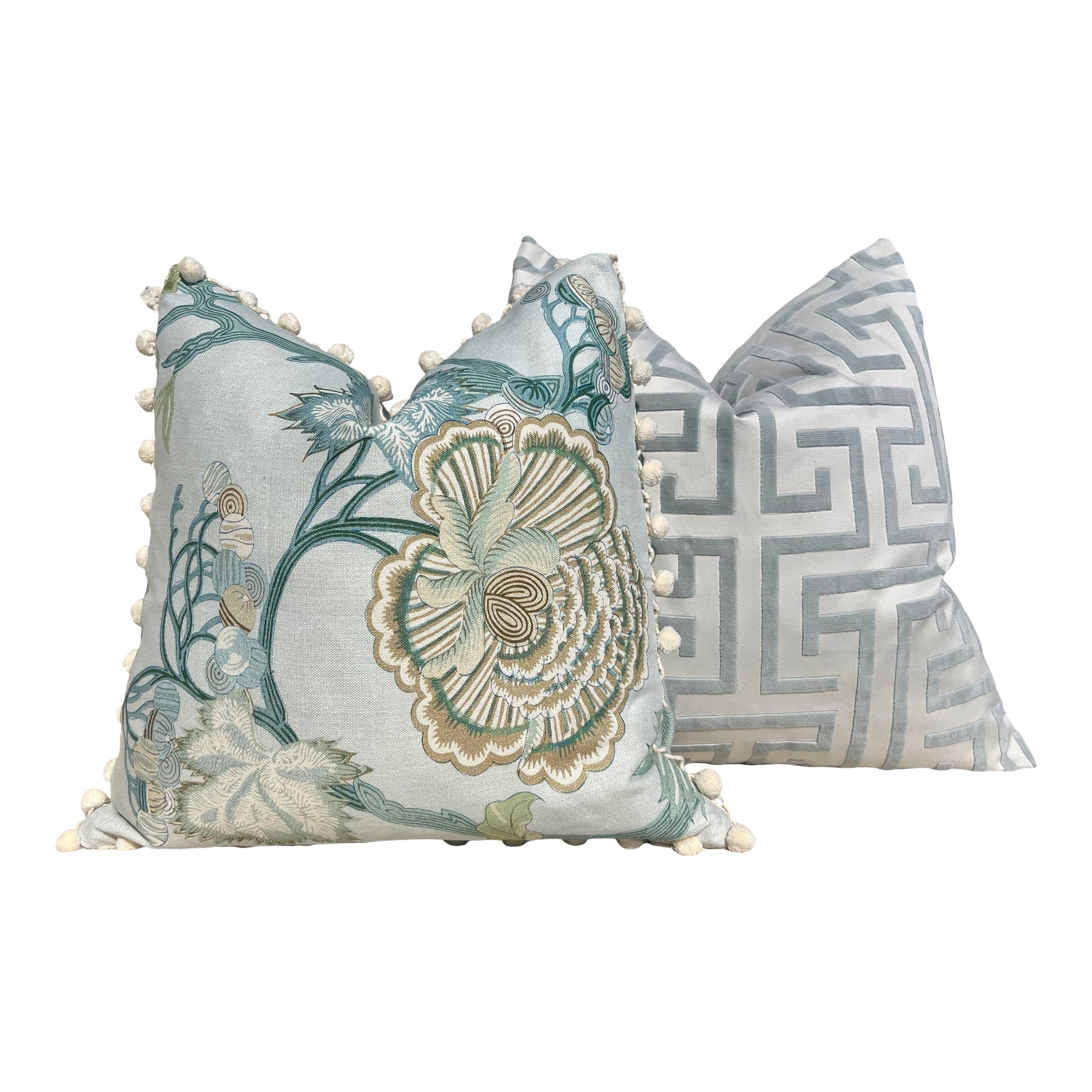 Jacobean Floral Pillow in Aqua, Cotton Rope Trim.