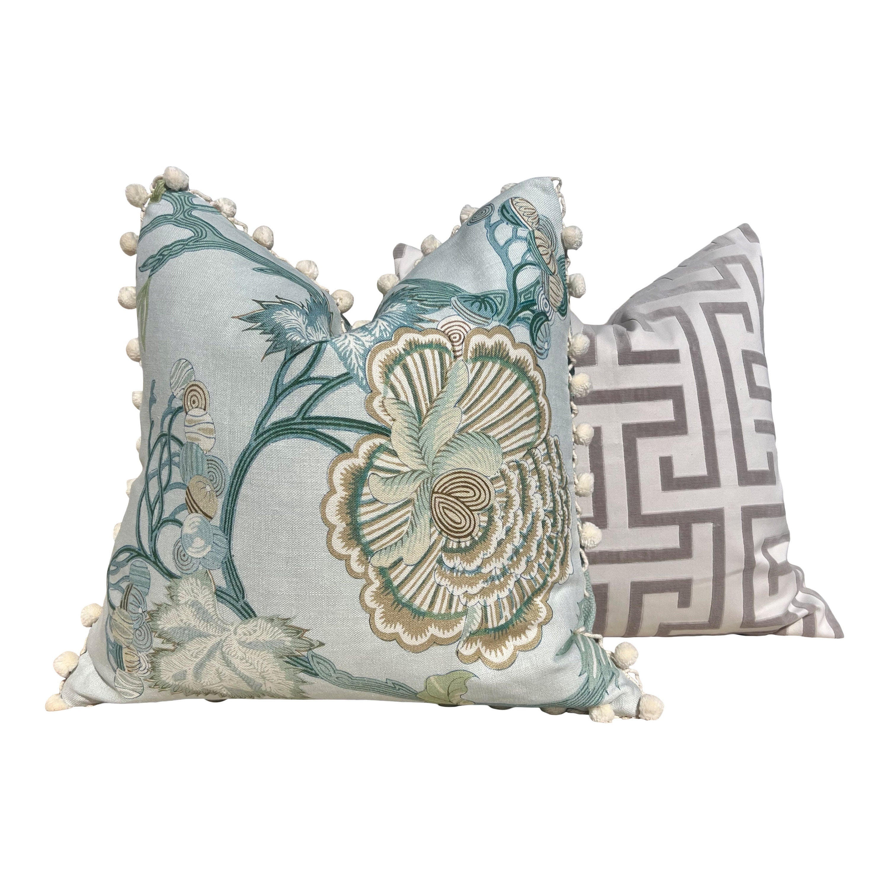 Jacobean Floral Pillow in Aqua, Cotton Rope Trim.
