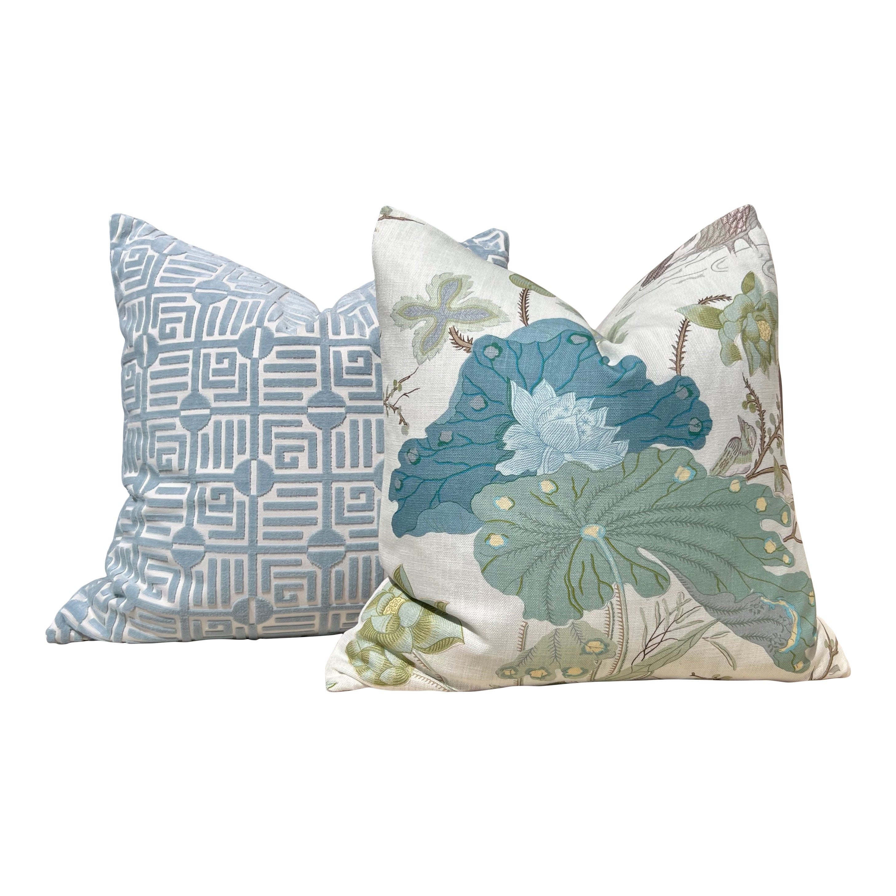 Lee Jofa Luzon Jade Pillow, Designer Aqua Teal Exotic Bird Cushion, Luxury Botanical Linen Pillow Cover, Decorative Linen Pillow in Aqua.