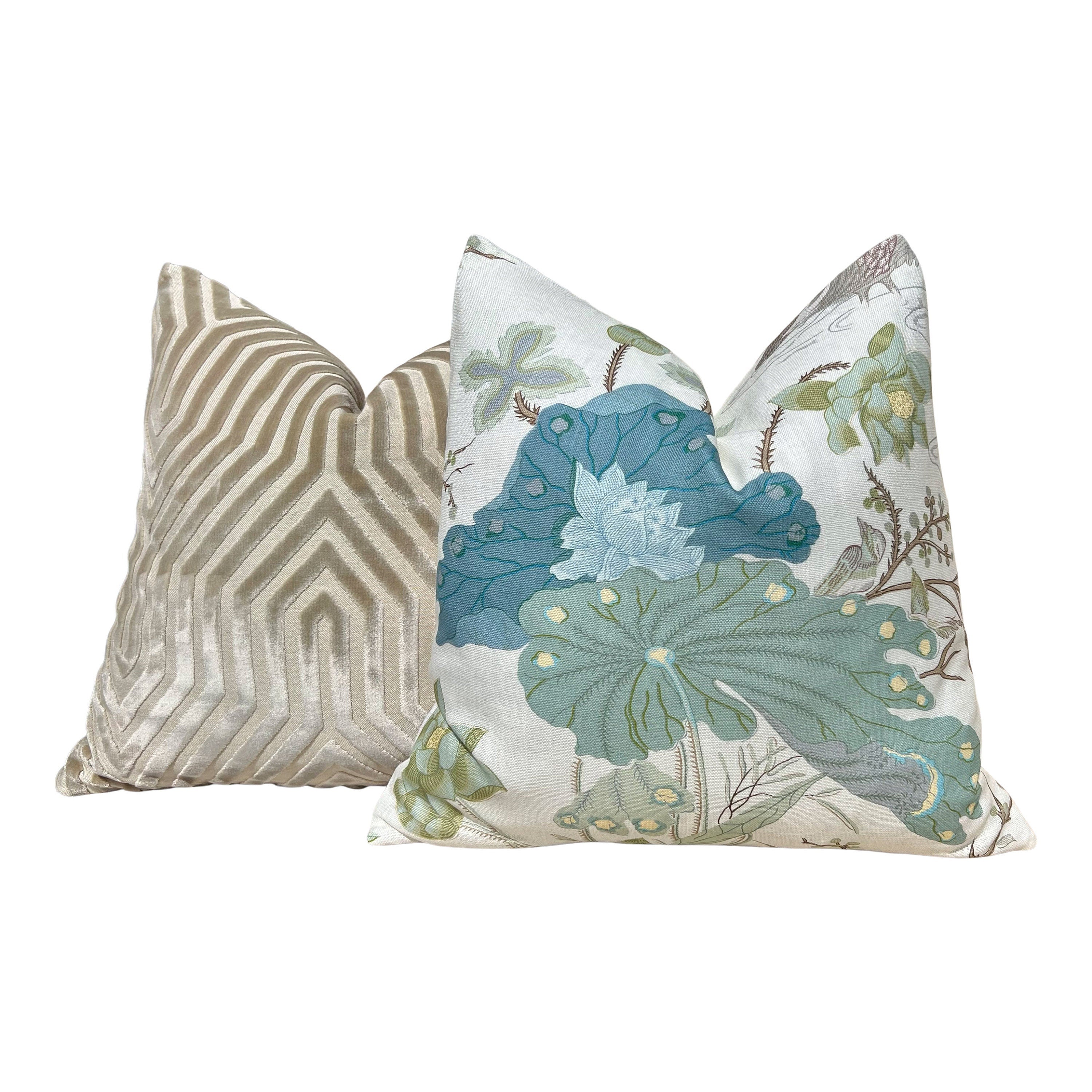 Lee Jofa Luzon Jade Pillow, Designer Aqua Teal Exotic Bird Cushion, Luxury Botanical Linen Pillow Cover, Decorative Linen Pillow in Aqua.