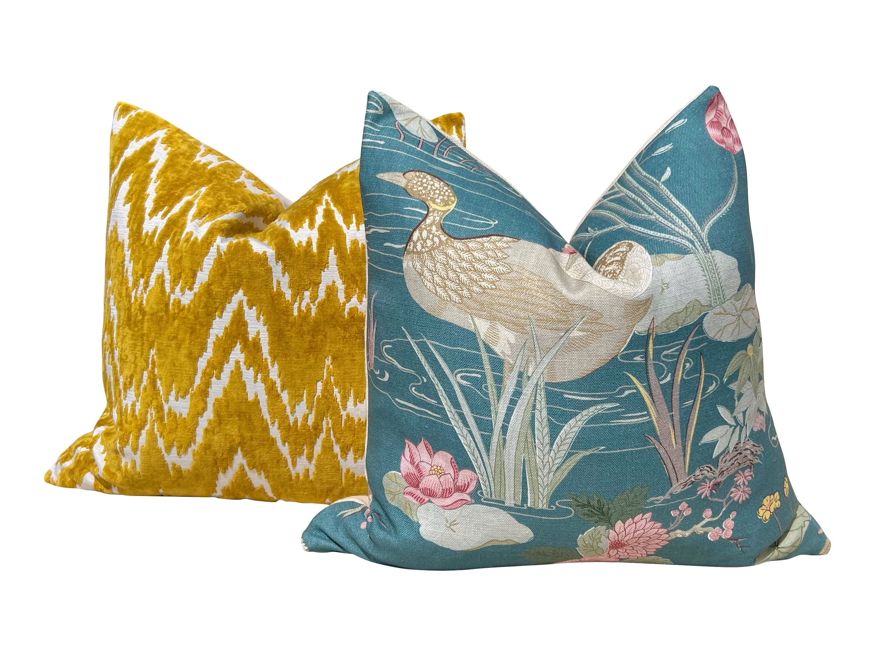 Lee Jofa Luzon Teal Pillow, Designer Exotic Bird Cushion, Luxury Turquoise Botanical Euro Sham 26x26, Decorative Pillow Covers