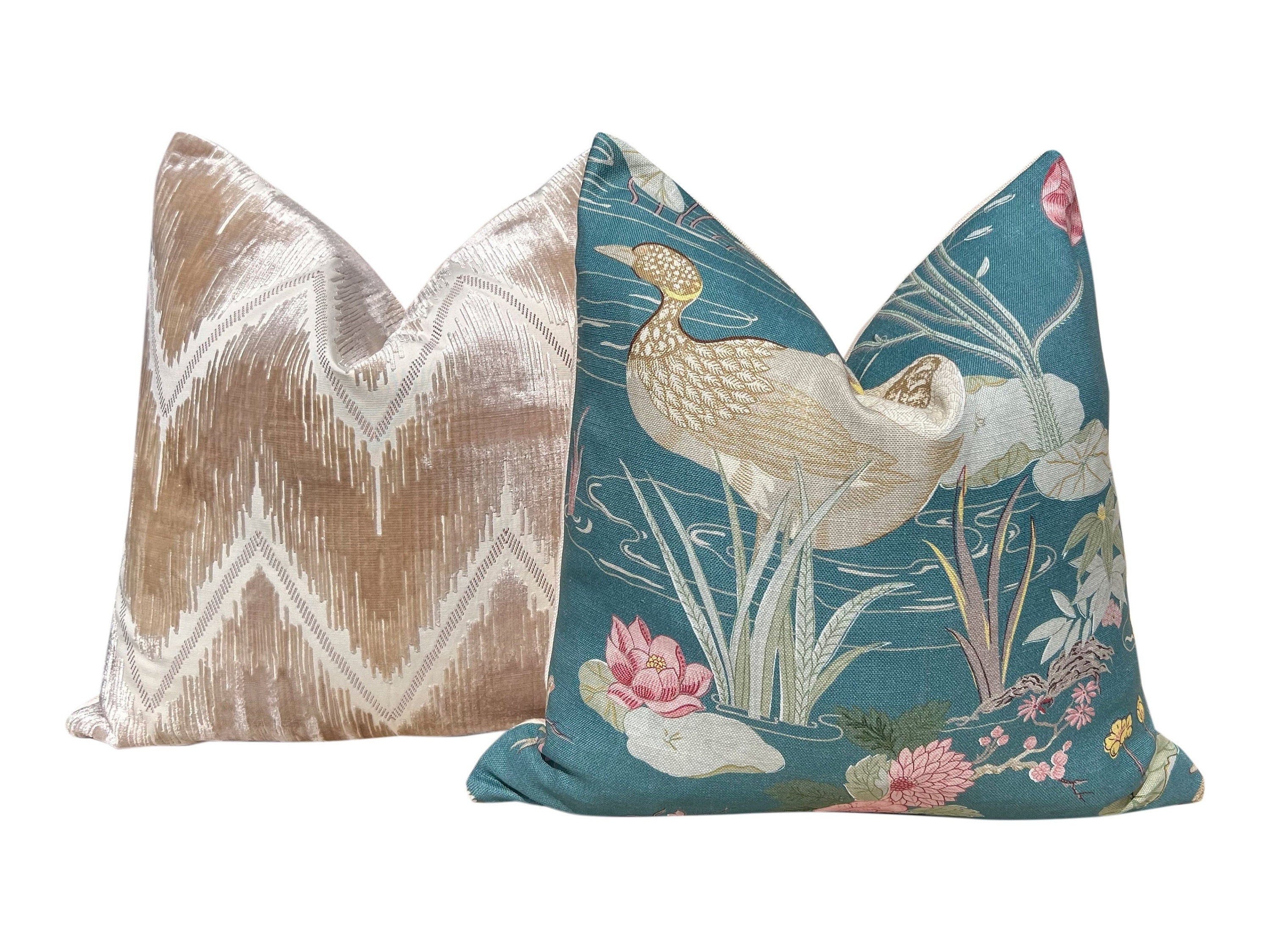 Lee Jofa Luzon Teal Pillow, Designer Exotic Bird Cushion, Luxury Turquoise Botanical Euro Sham 26x26, Decorative Pillow Covers