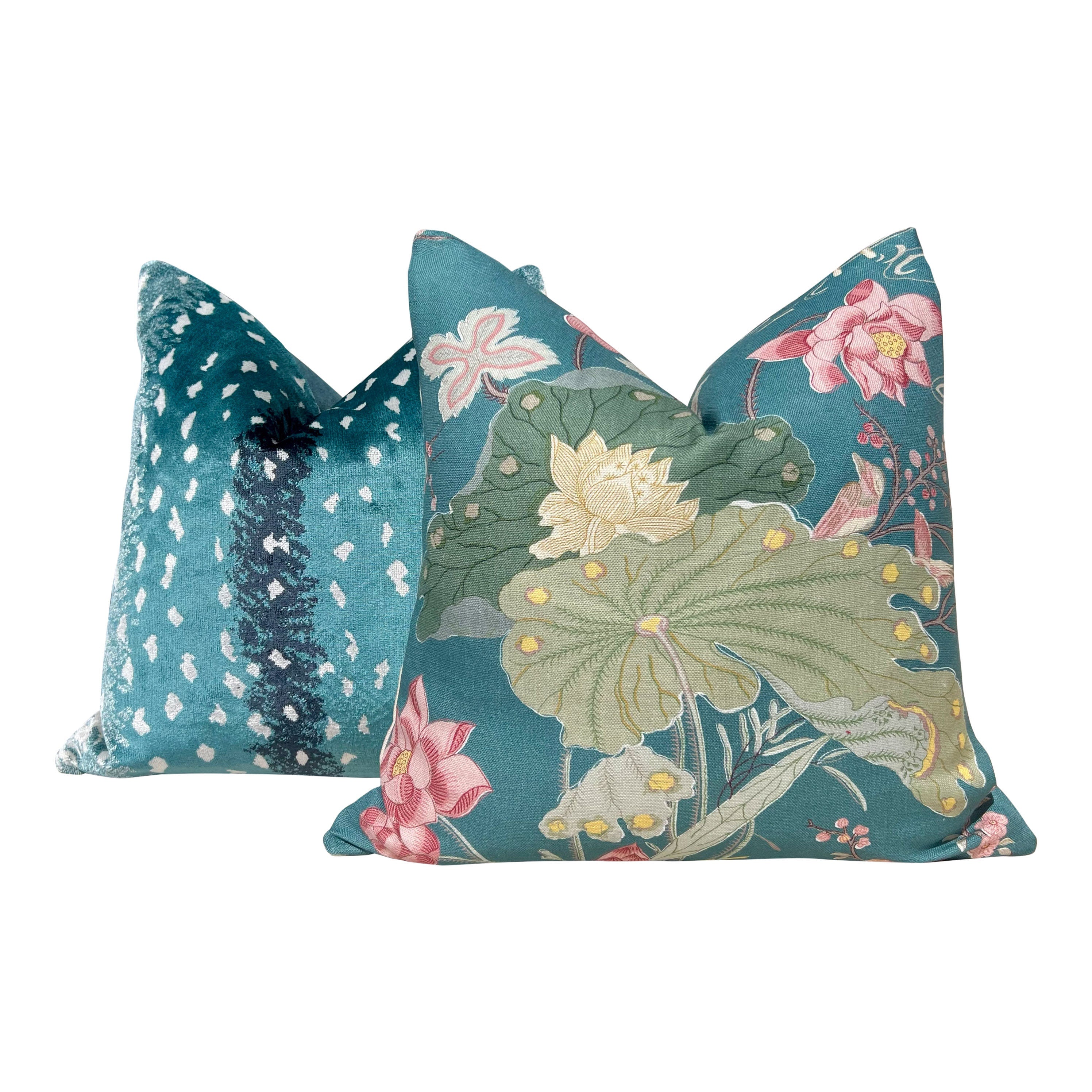 Lee Jofa Luzon Teal Pillow, Designer Exotic Bird Linen Cushion, Turquoise Green Botanical Accent Cover, Euro Sham Floral Pillows