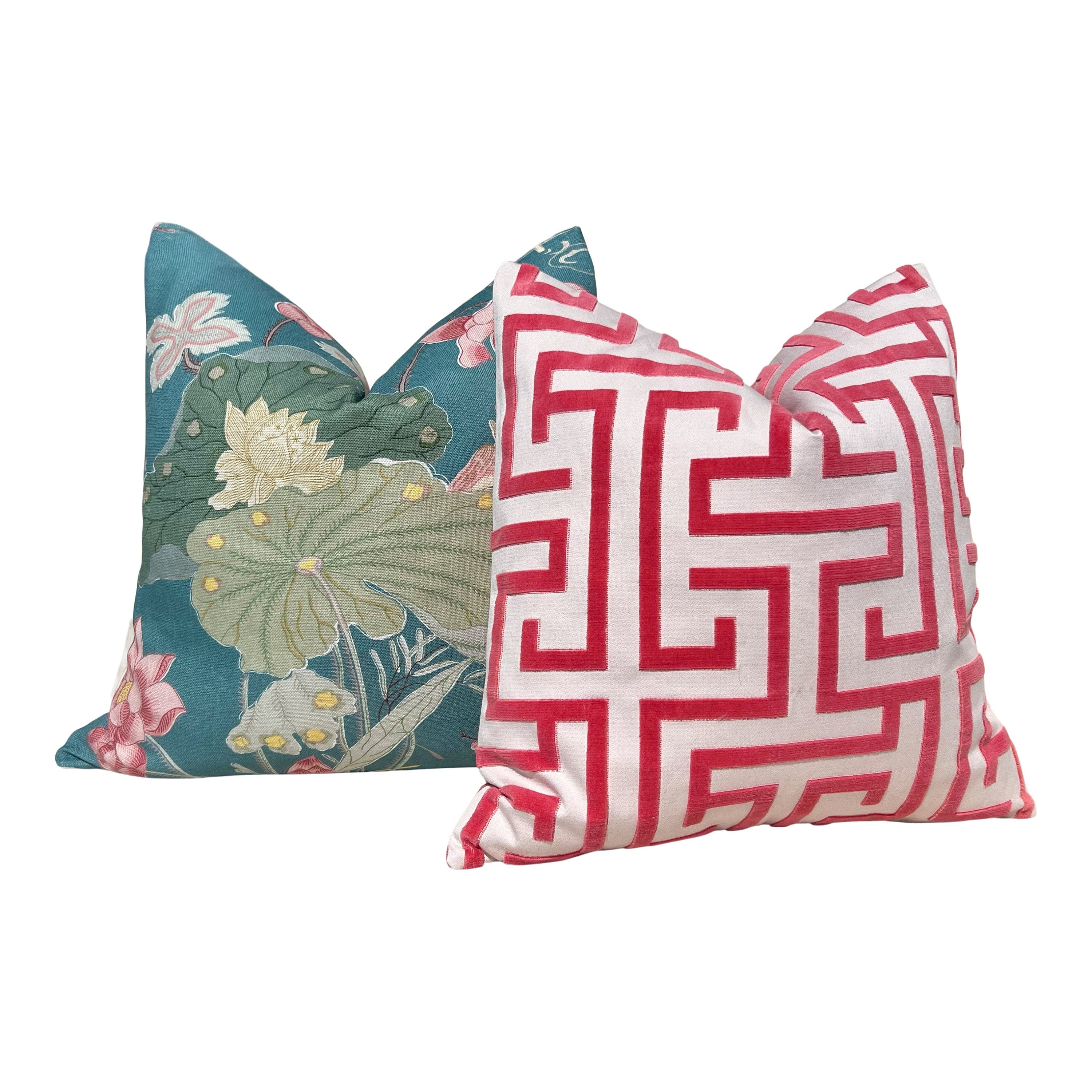 Lee Jofa Luzon Teal Pillow, Designer Exotic Bird Linen Cushion, Turquoise Green Botanical Accent Cover, Euro Sham Floral Pillows