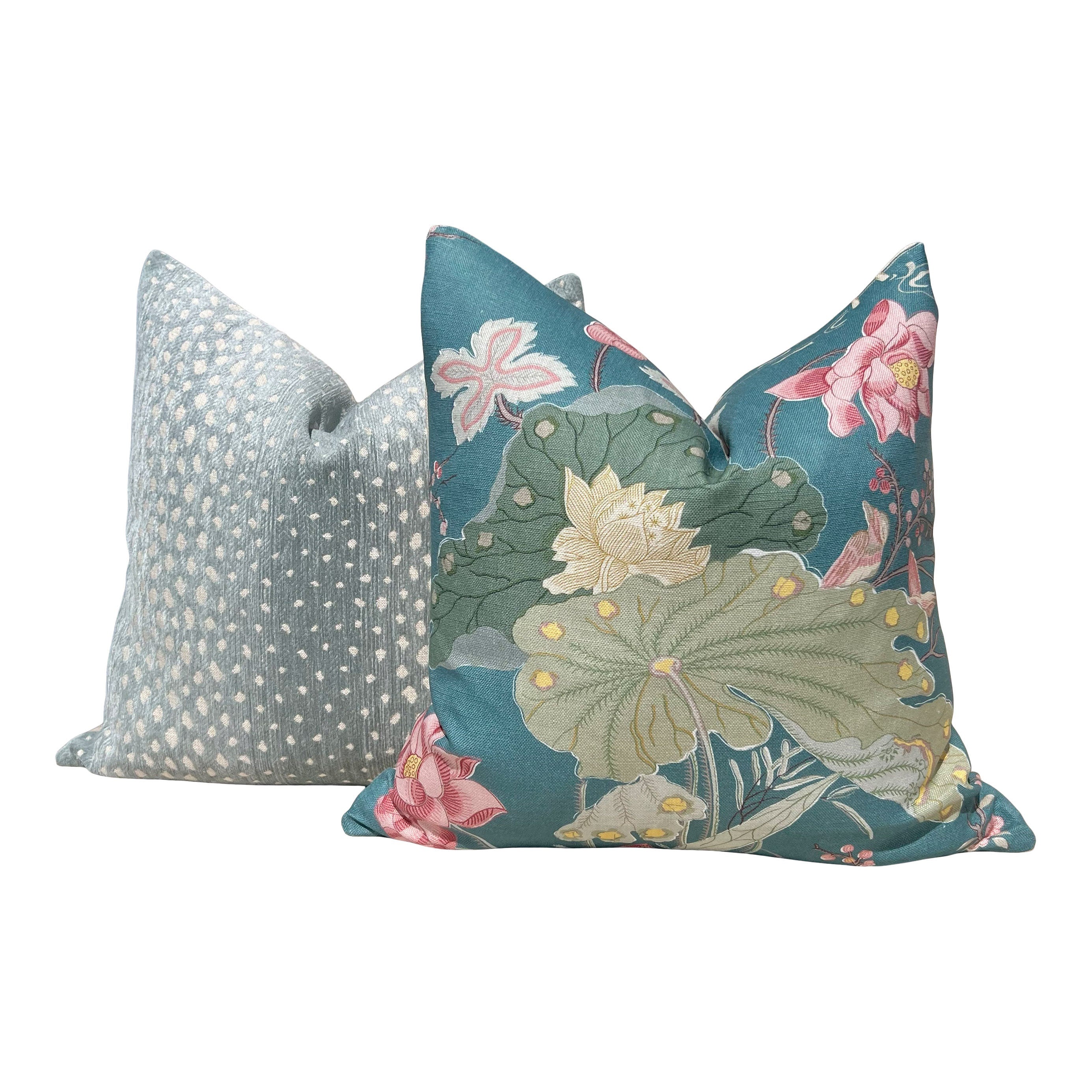 Lee Jofa Luzon Teal Pillow, Designer Exotic Bird Linen Cushion, Turquoise Green Botanical Accent Cover, Euro Sham Floral Pillows