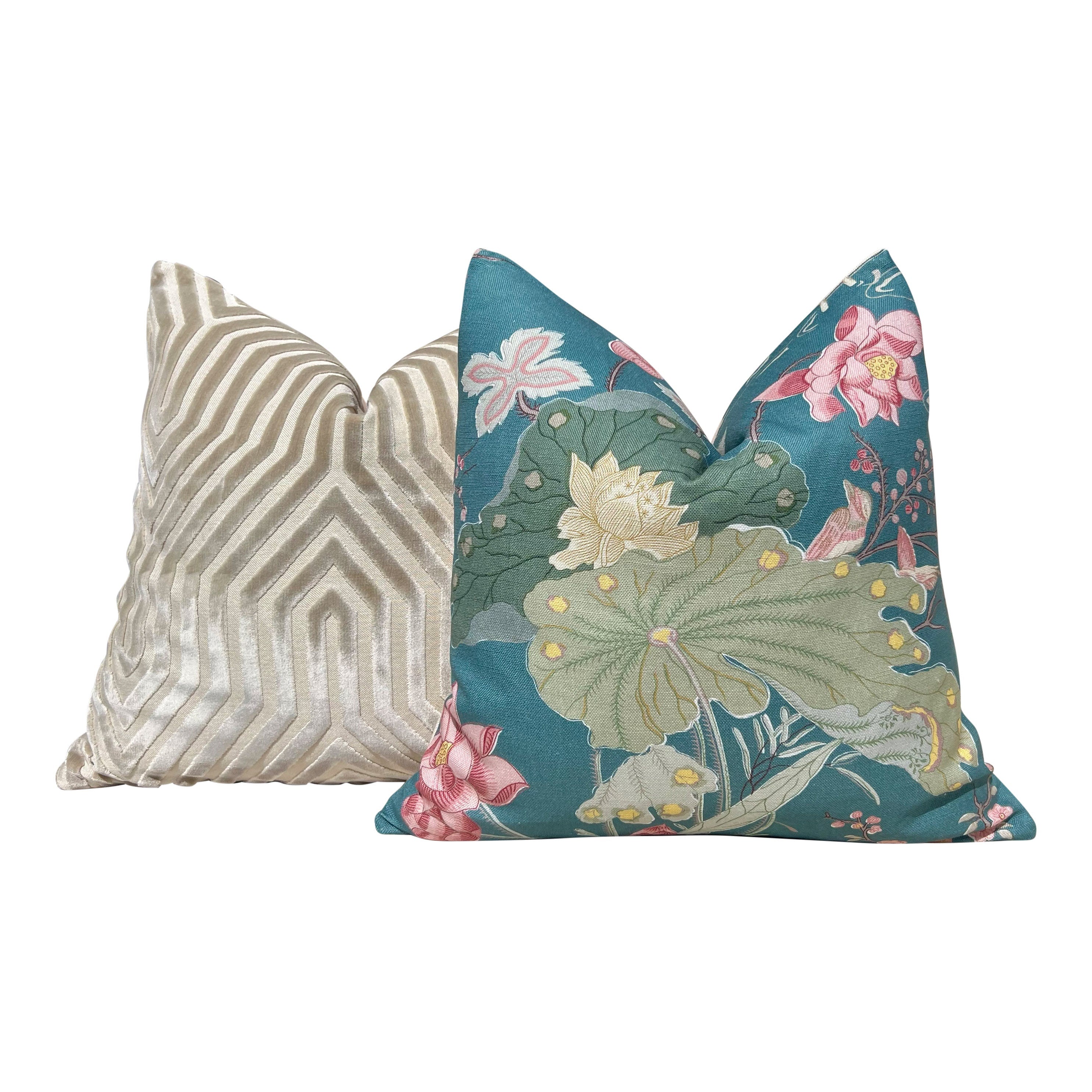 Lee Jofa Luzon Teal Pillow, Designer Exotic Bird Linen Cushion, Turquoise Green Botanical Accent Cover, Euro Sham Floral Pillows