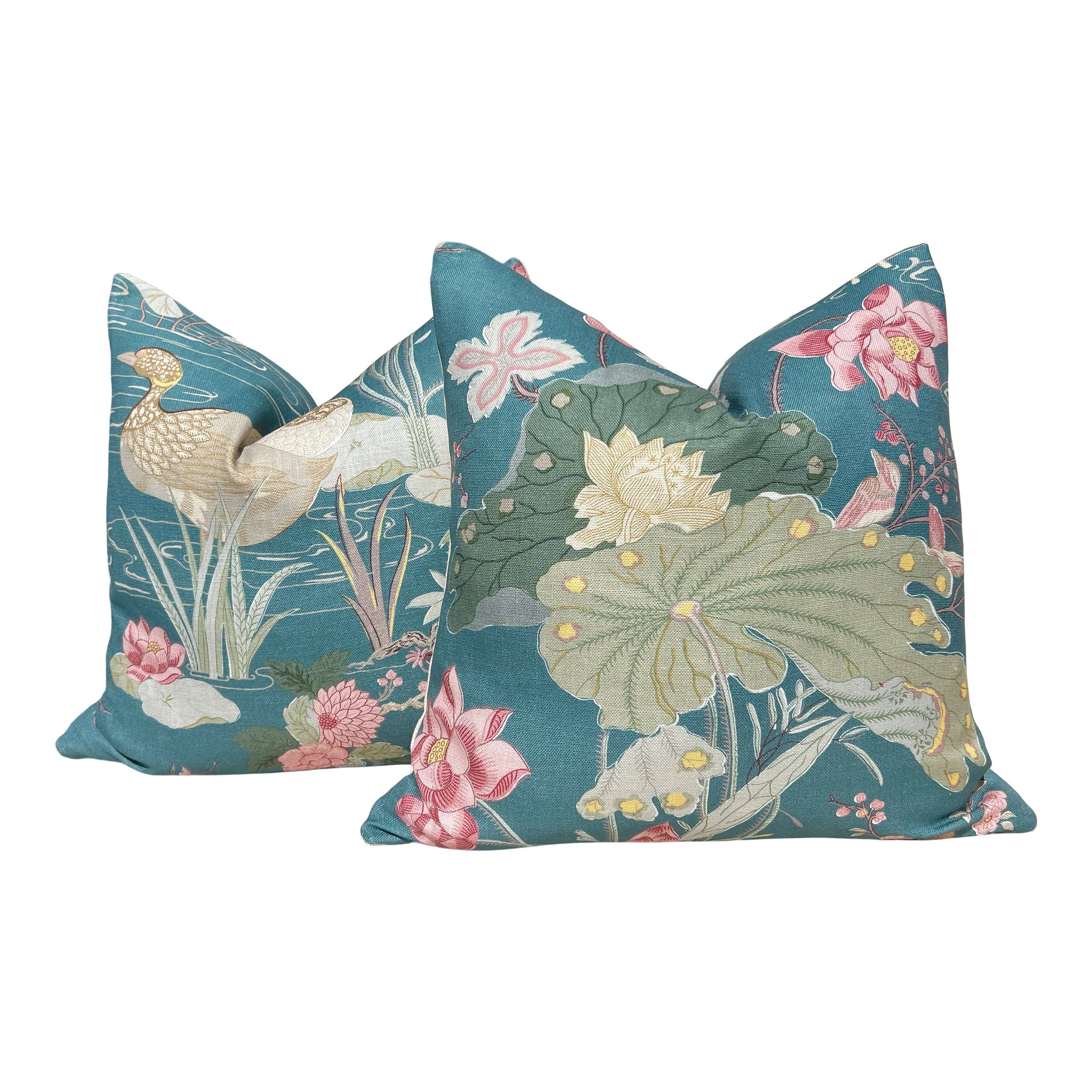 Lee Jofa Luzon Teal Pillow, Designer Exotic Bird Linen Cushion, Turquoise Green Botanical Accent Cover, Euro Sham Floral Pillows