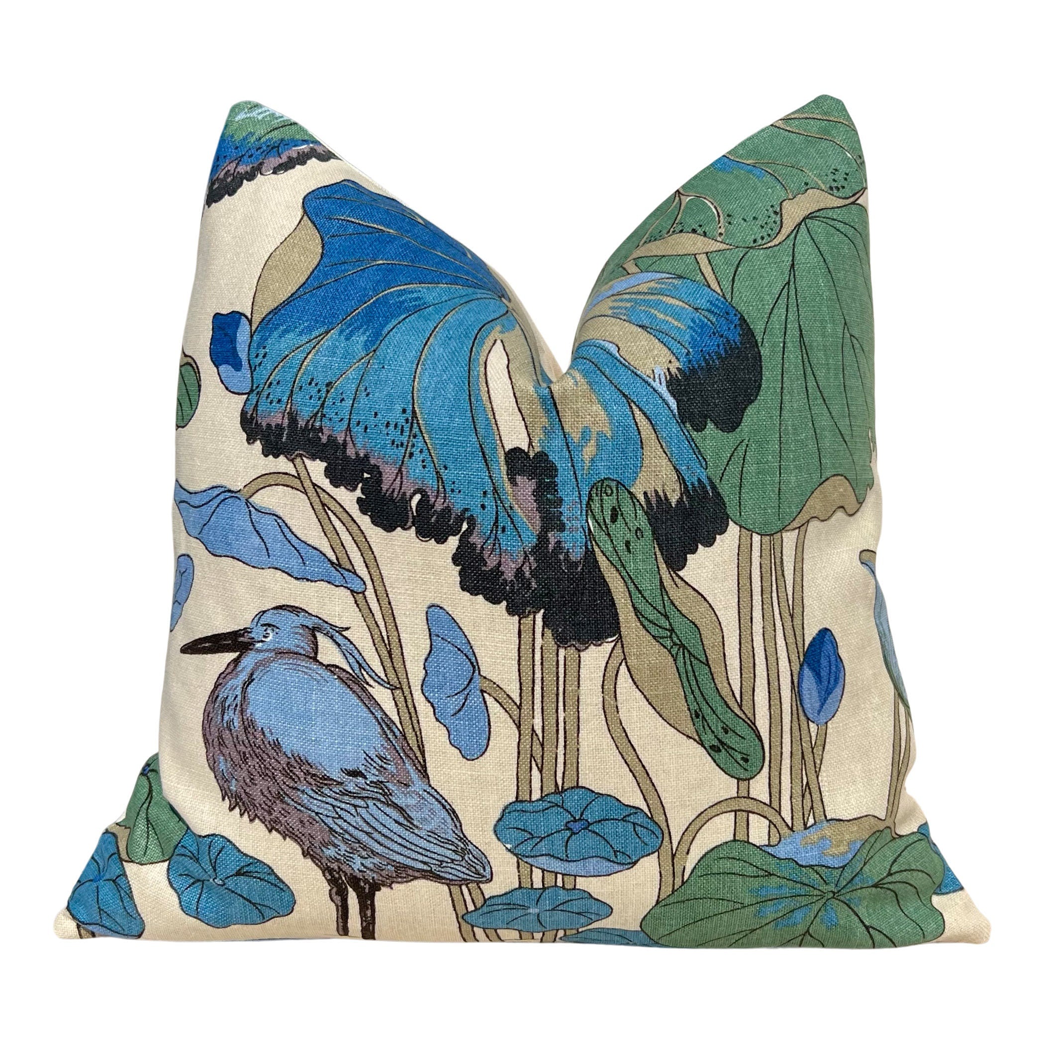 GP & J Baker Nympheus Linen Pillow in Teal. Designer Accent Floral Pillows, High End Cushion Covers, Decorative Exotic Bird Throw Pillow