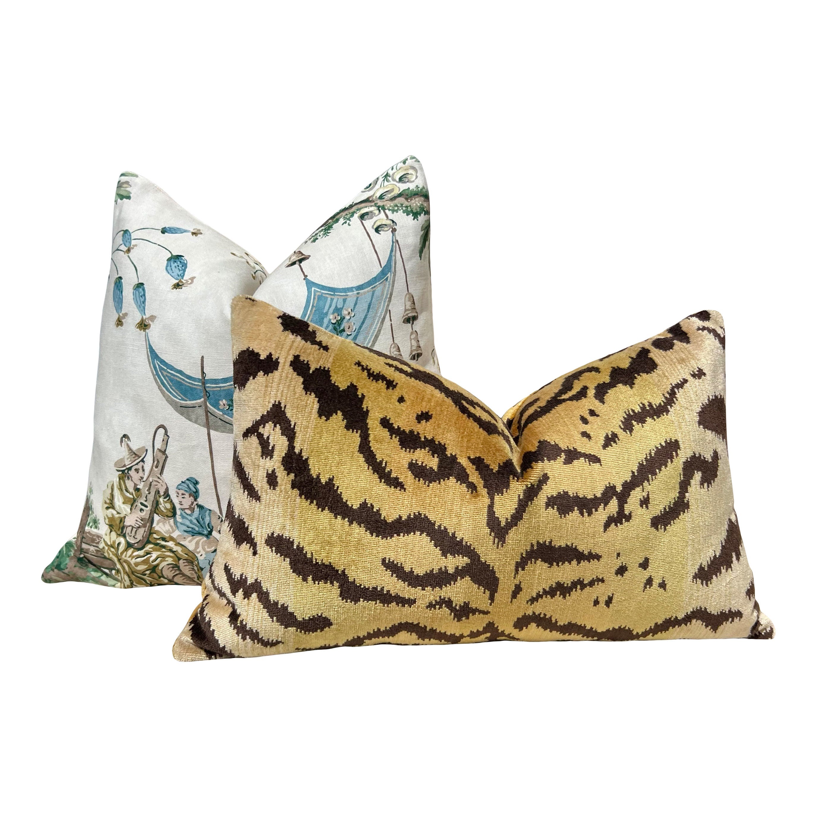 Emperor's Musician Pillow in Evergreen. Designer Linen Pillow Cover in Aqua Blue, Green, Decorative Chinoiserie Linen Cushions, Euro Sham