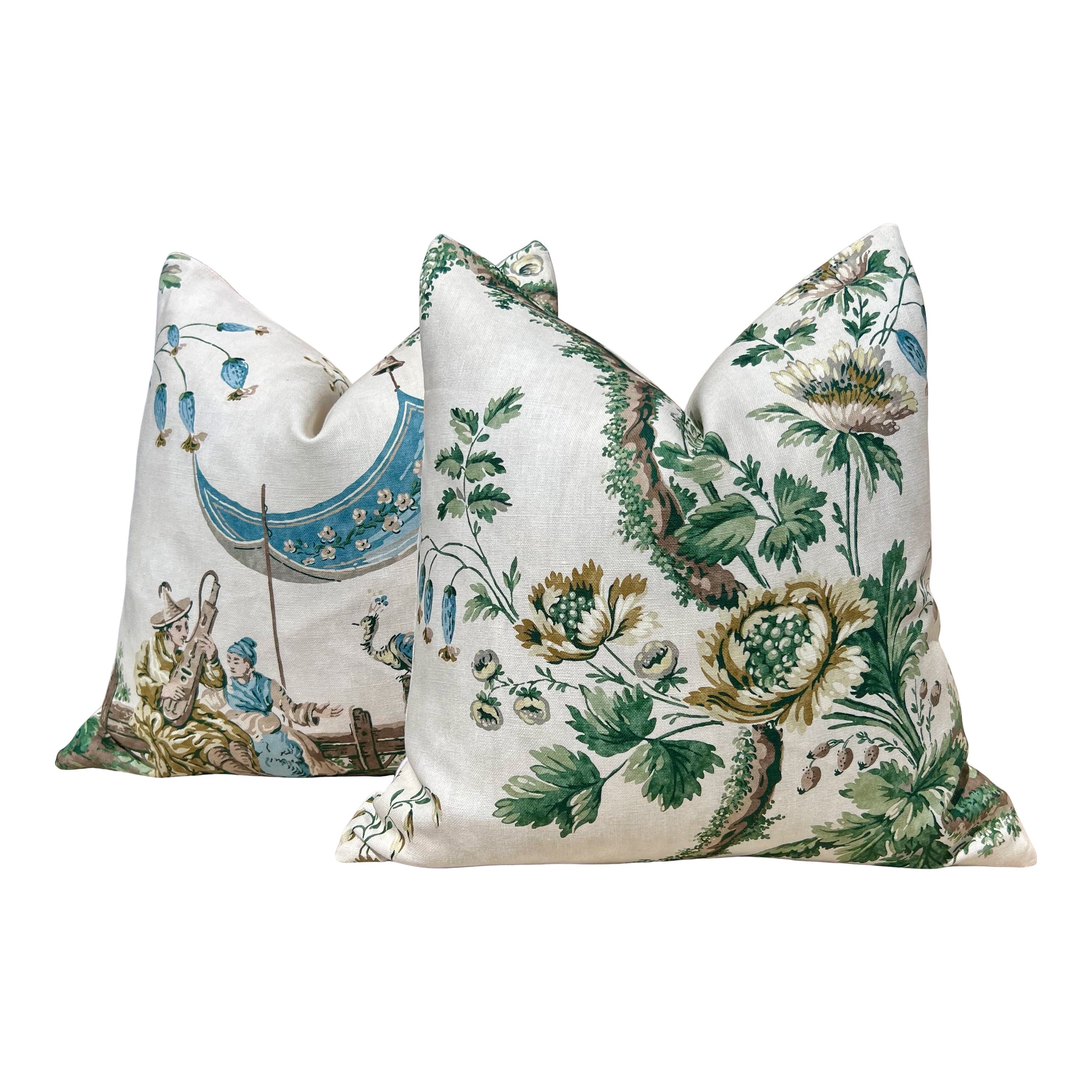 Emperor's Musician Pillow in Evergreen. Designer Linen Pillow Cover in Aqua Blue, Green, Decorative Chinoiserie Linen Cushions, Euro Sham