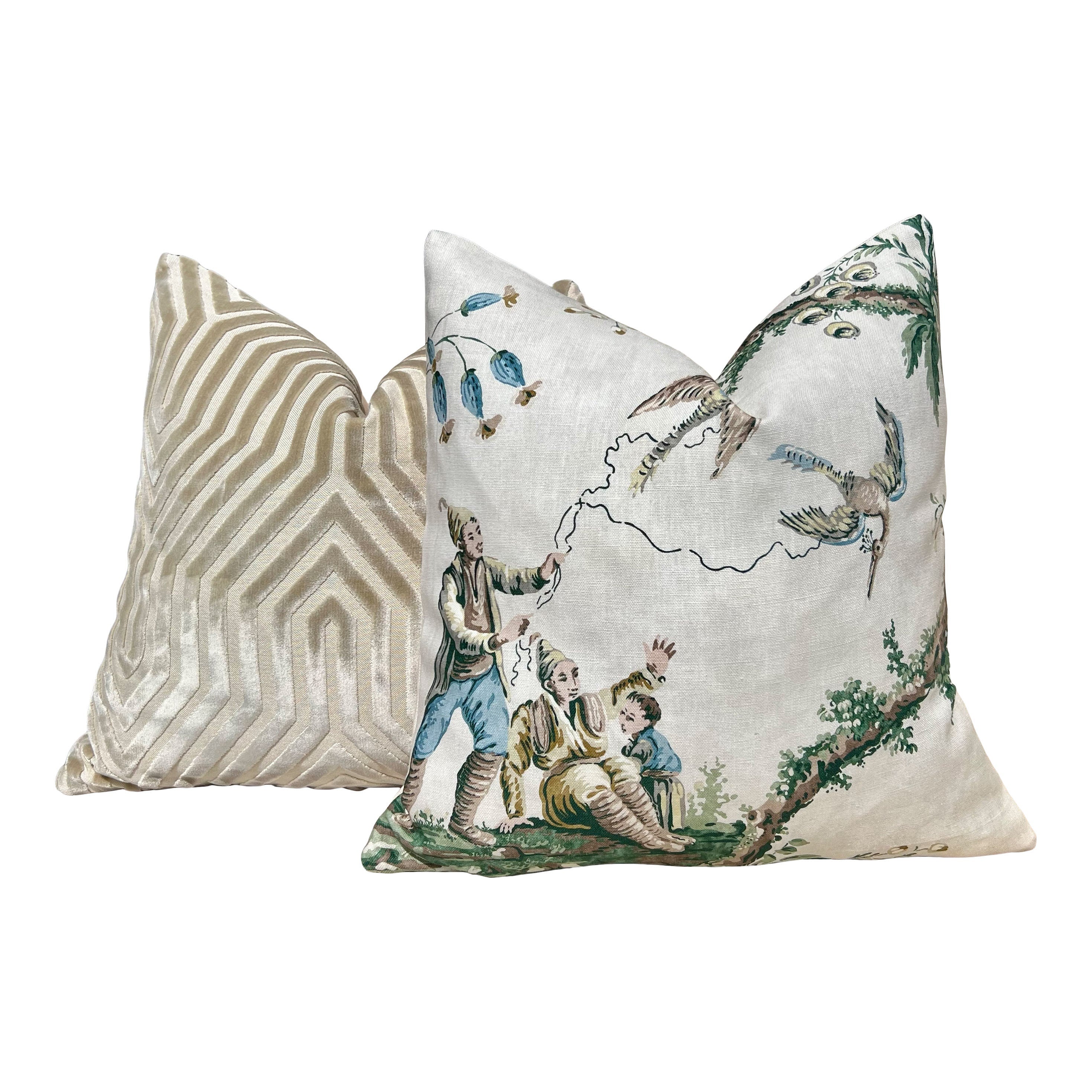 Emperor's Musician Pillow in Evergreen. Designer Linen Pillow Cover in Aqua Blue, Green, Decorative Chinoiserie Linen Cushions, Euro Sham