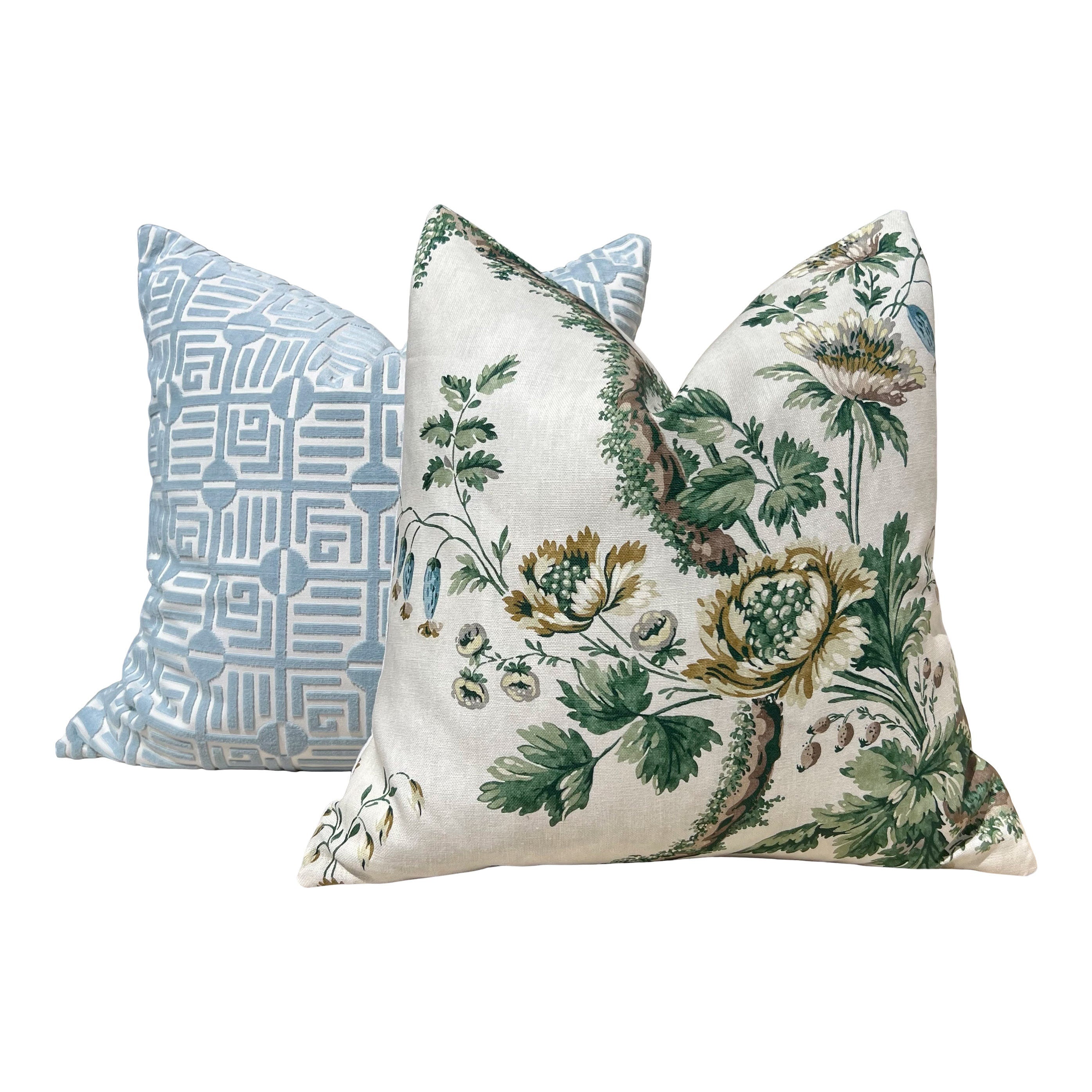 Designer Floral Pillow in Green and Beige. Accent Vine Linen Pillow, Decorative Chinoiserie Linen Cushions, Euro Sham Cover, High End Pillow