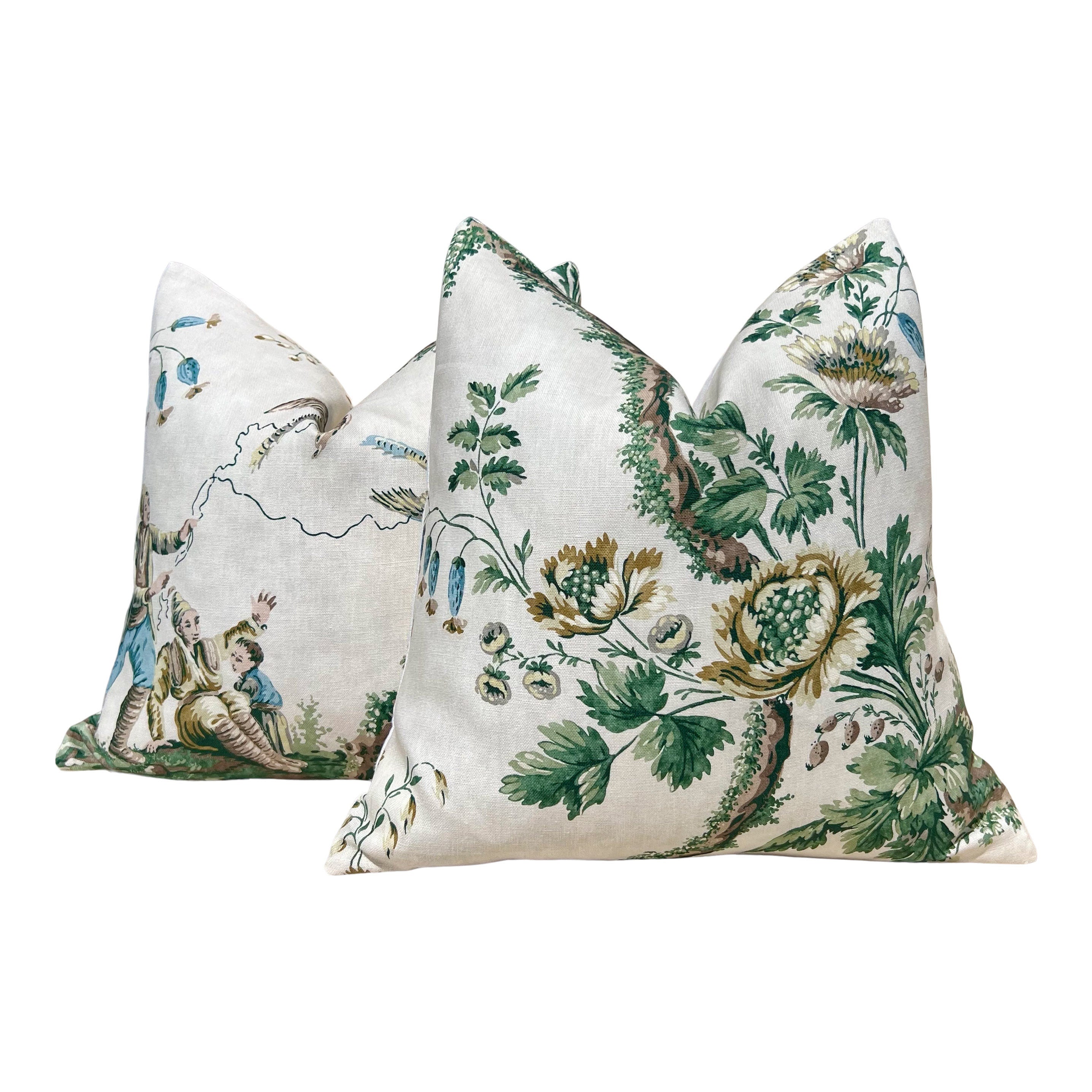 Designer Floral Pillow in Green and Beige. Accent Vine Linen Pillow, Decorative Chinoiserie Linen Cushions, Euro Sham Cover, High End Pillow