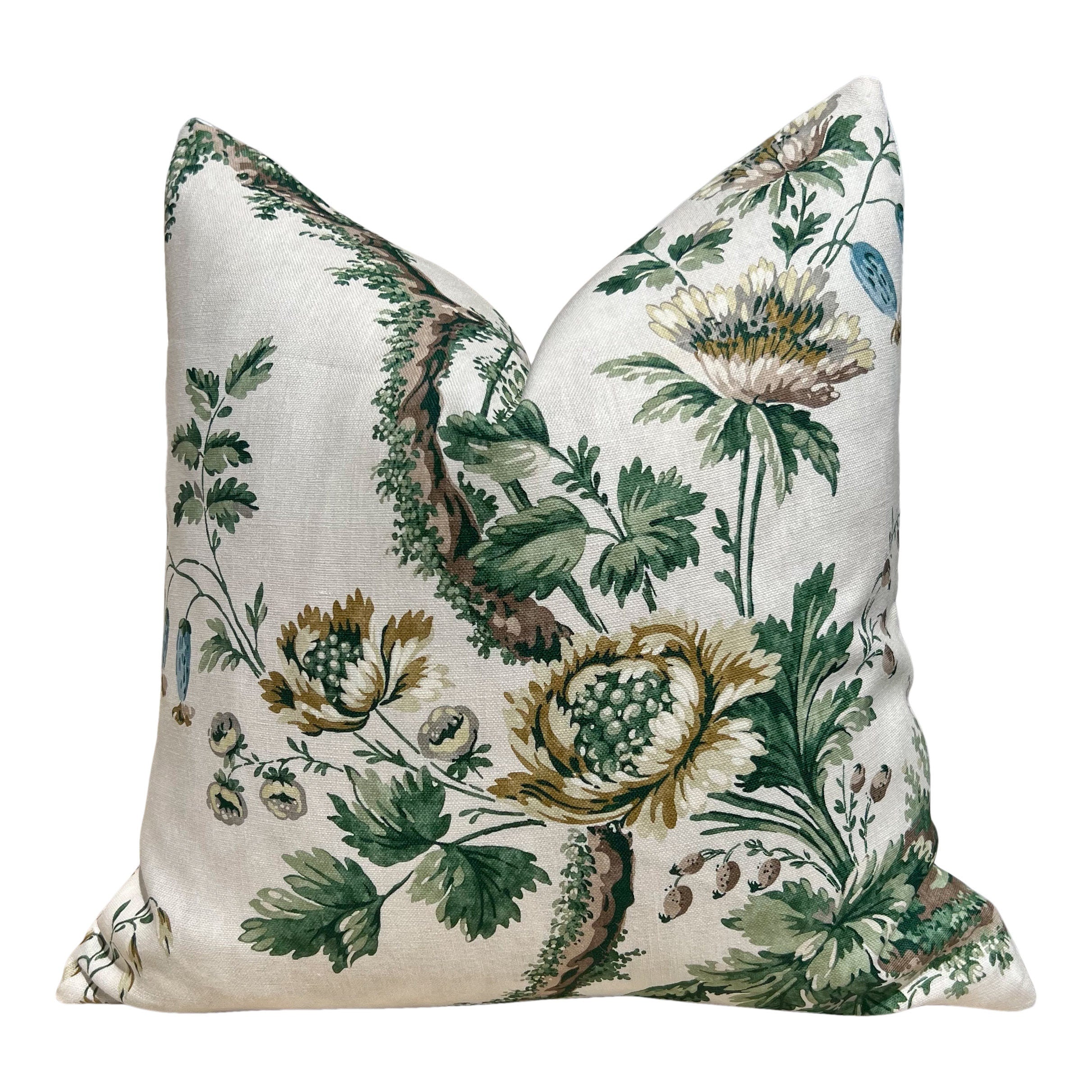 Designer Floral Pillow in Green and Beige. Accent Vine Linen Pillow, Decorative Chinoiserie Linen Cushions, Euro Sham Cover, High End Pillow