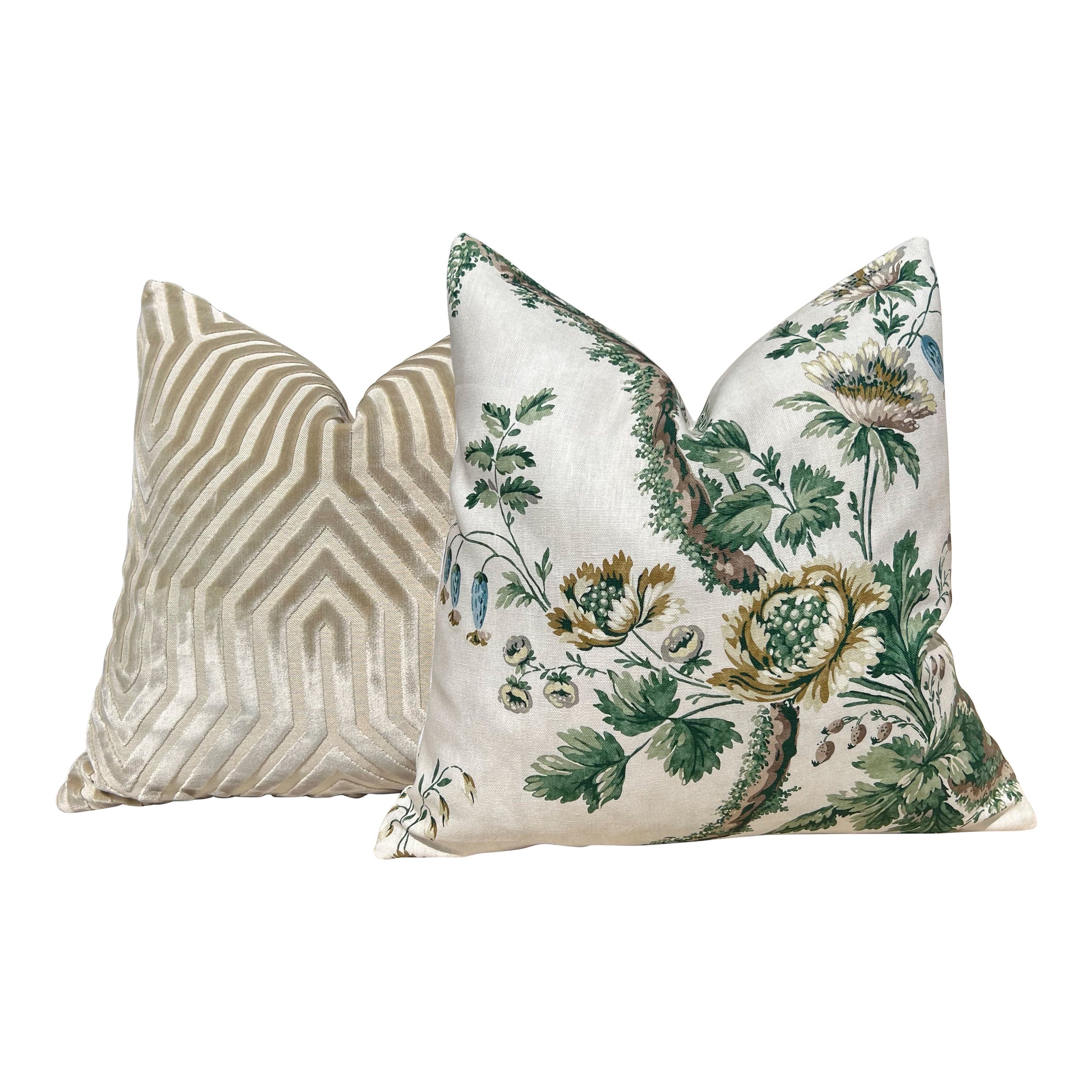 Designer Floral Pillow in Green and Beige. Accent Vine Linen Pillow, Decorative Chinoiserie Linen Cushions, Euro Sham Cover, High End Pillow