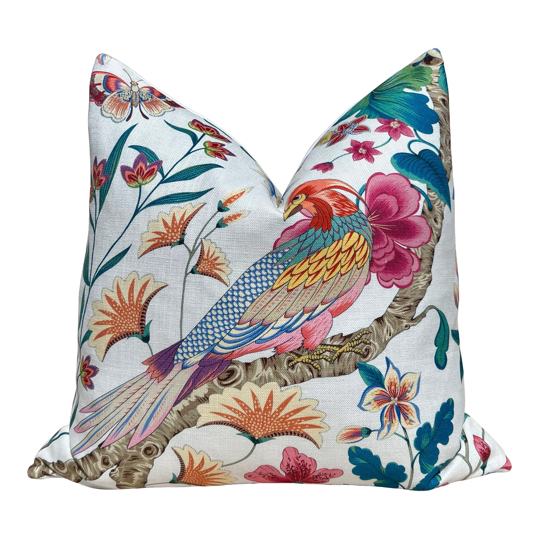 Scalamandre Botany Bay in Multicolor. Exotic Bird Pillow Pink Coral and Teal, Designer Modern Pillows, Accent Tropical Cushion Covers