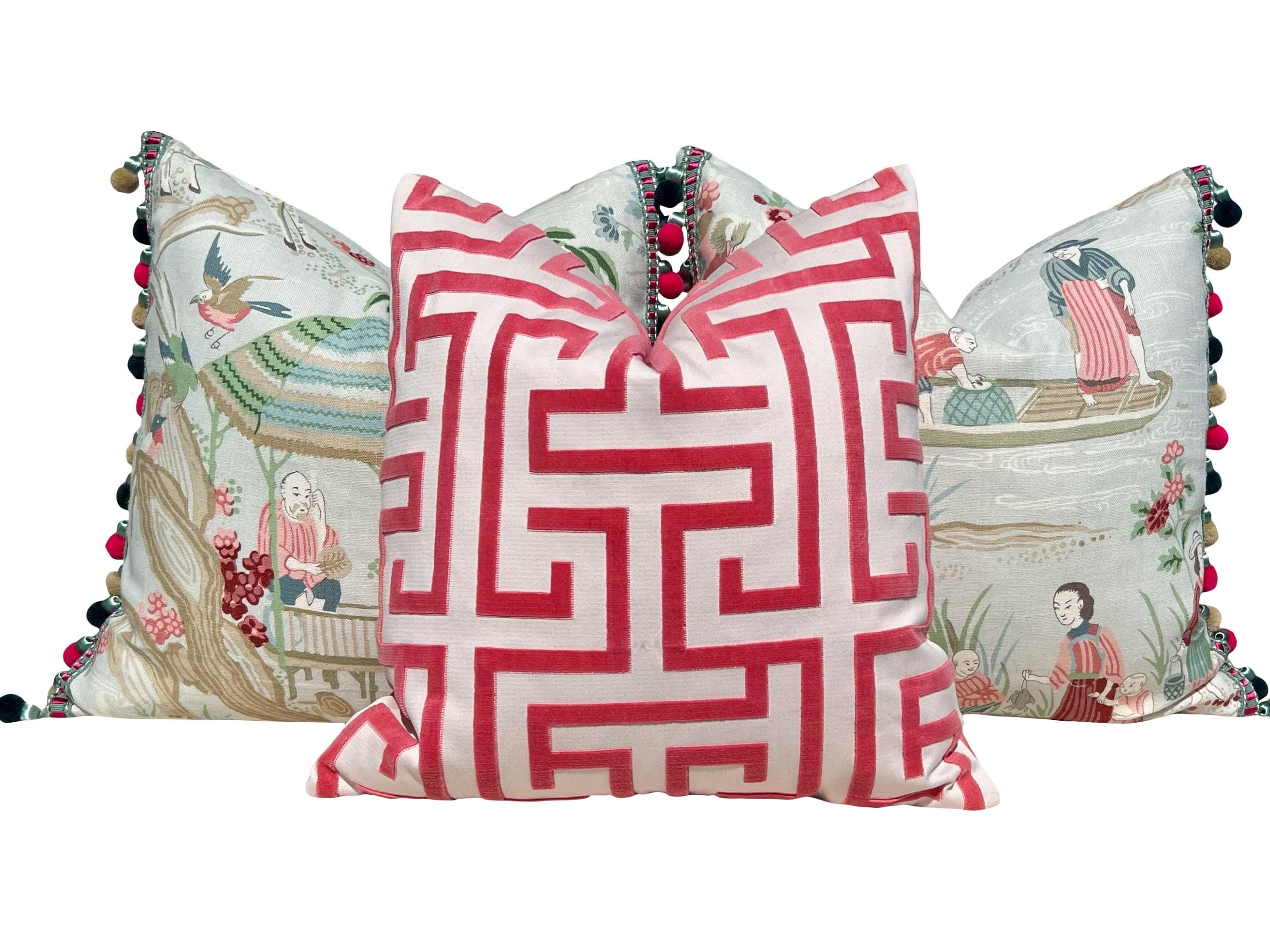 Thibaut Ming Trail Pillow in Red. Designer Pillows, Raised Velvet Pillows, High End Pillows, Geometric Velvet Pillow, Velvet Round Bolster