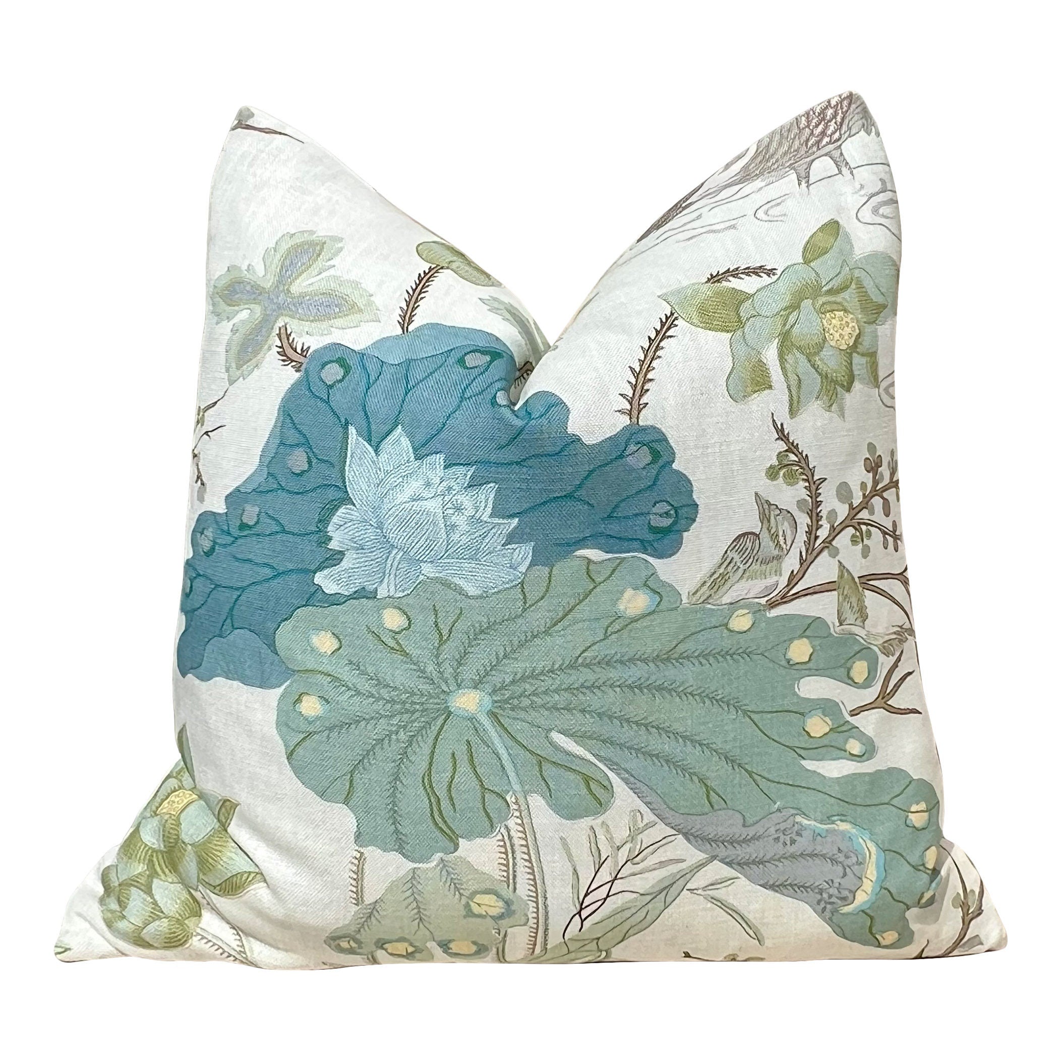 Lee Jofa Luzon Jade Pillow, Designer Aqua Teal Exotic Bird Cushion, Luxury Botanical Linen Pillow Cover, Decorative Linen Pillow in Aqua.