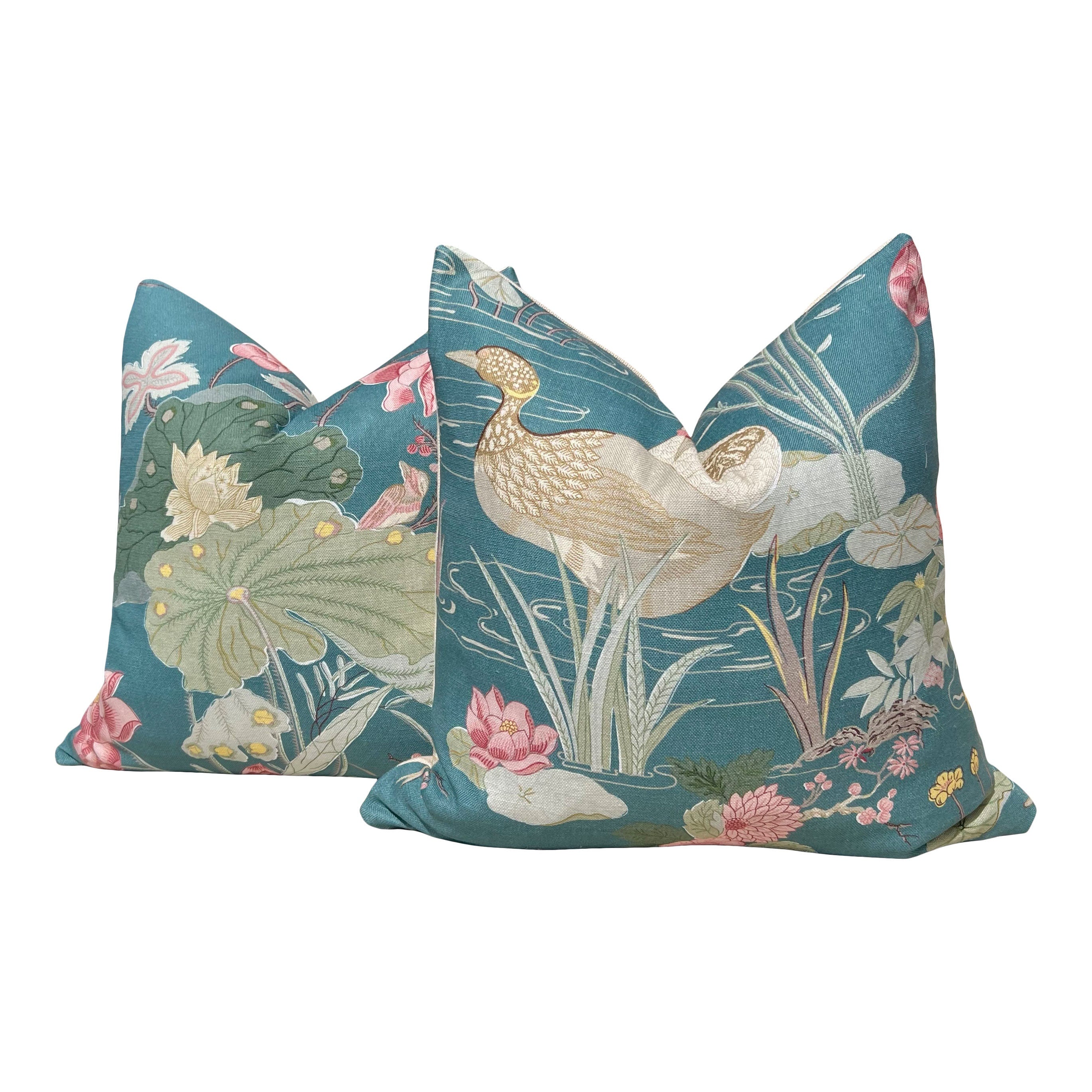 Lee Jofa Luzon Teal Pillow, Designer Exotic Bird Cushion, Luxury Turquoise Botanical Euro Sham 26x26, Decorative Pillow Covers