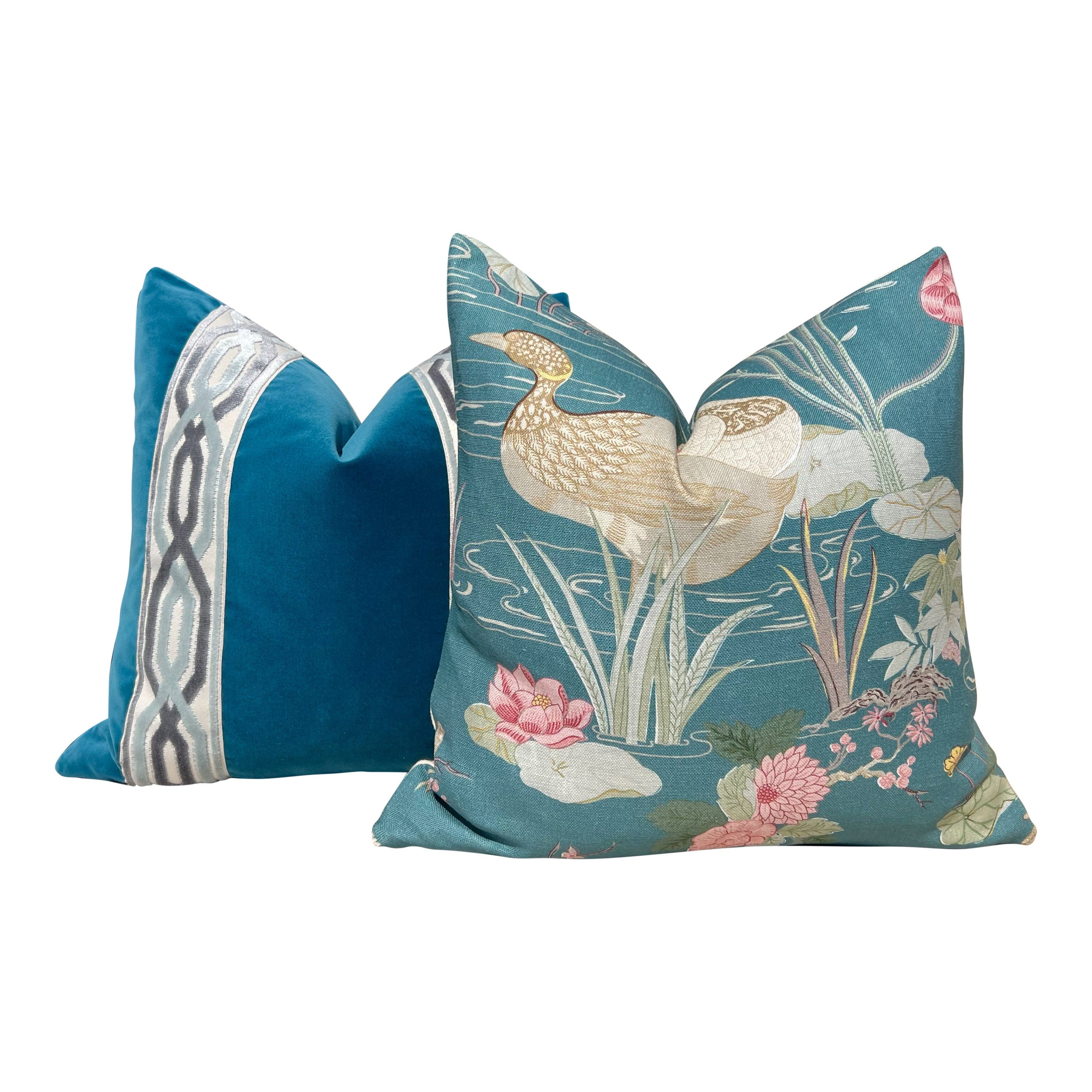 Lee Jofa Luzon Teal Pillow, Designer Exotic Bird Cushion, Luxury Turquoise Botanical Euro Sham 26x26, Decorative Pillow Covers