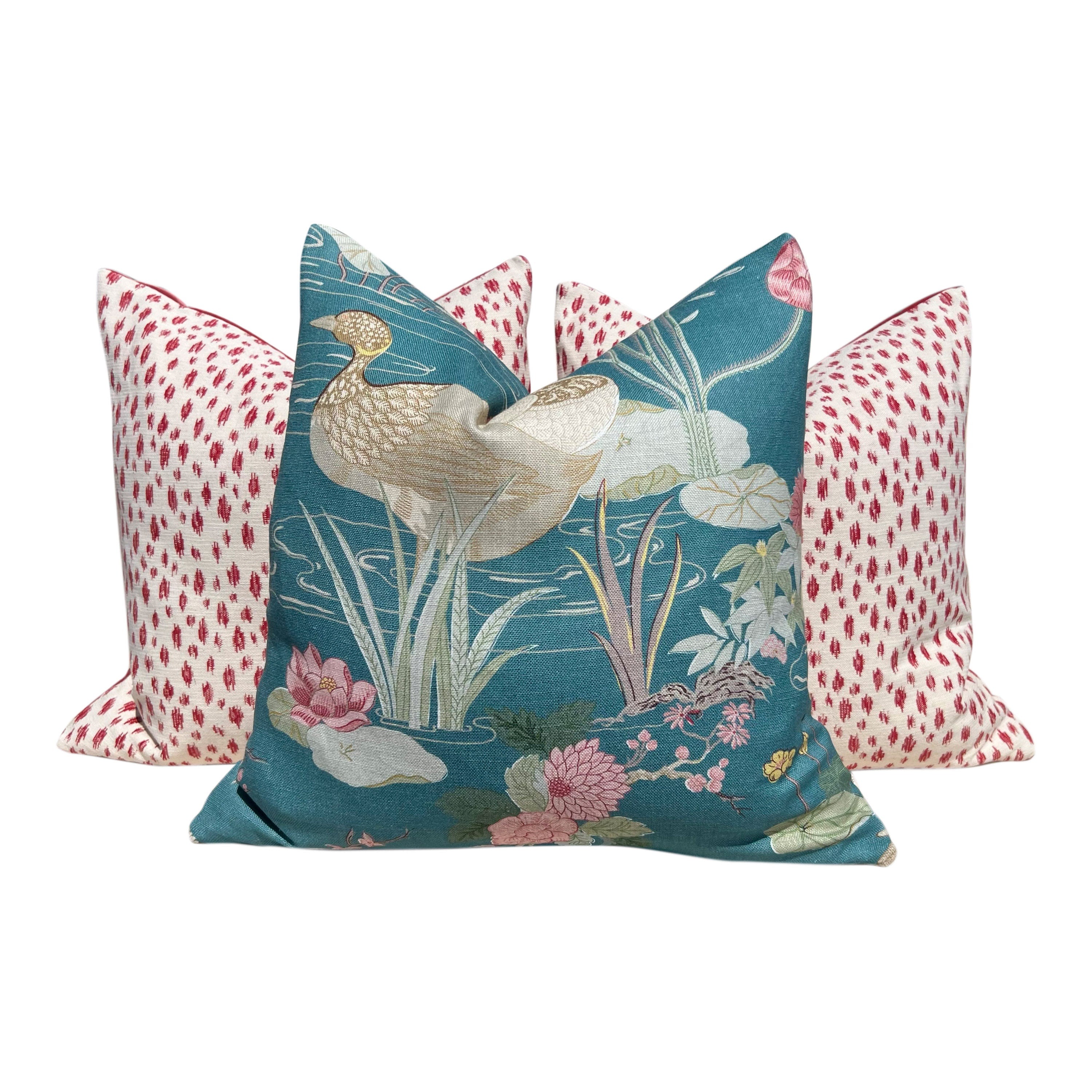 Lee Jofa Luzon Teal Pillow, Designer Exotic Bird Cushion, Luxury Turquoise Botanical Euro Sham 26x26, Decorative Pillow Covers