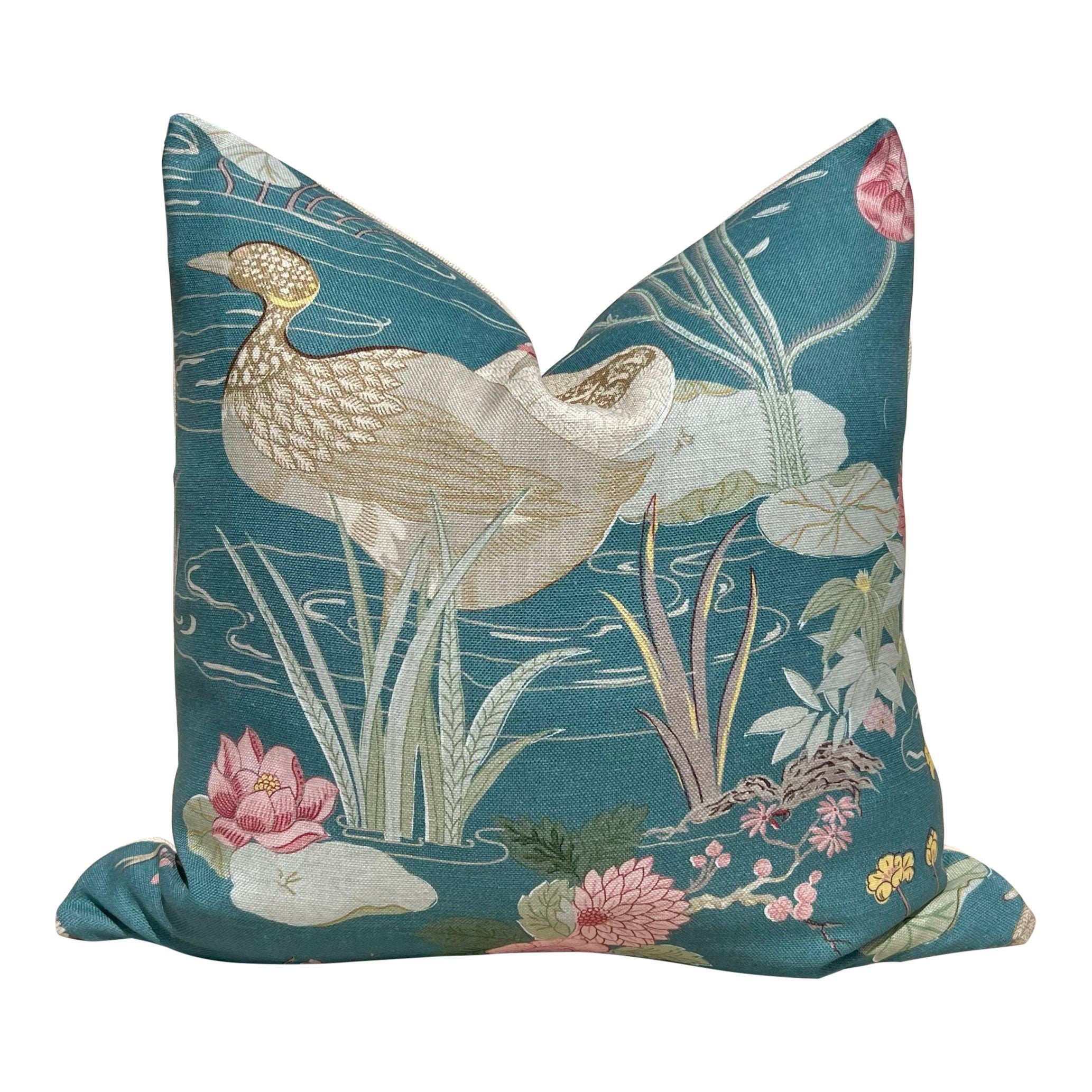 Lee Jofa Luzon Teal Pillow, Designer Exotic Bird Cushion, Luxury Turquoise Botanical Euro Sham 26x26, Decorative Pillow Covers
