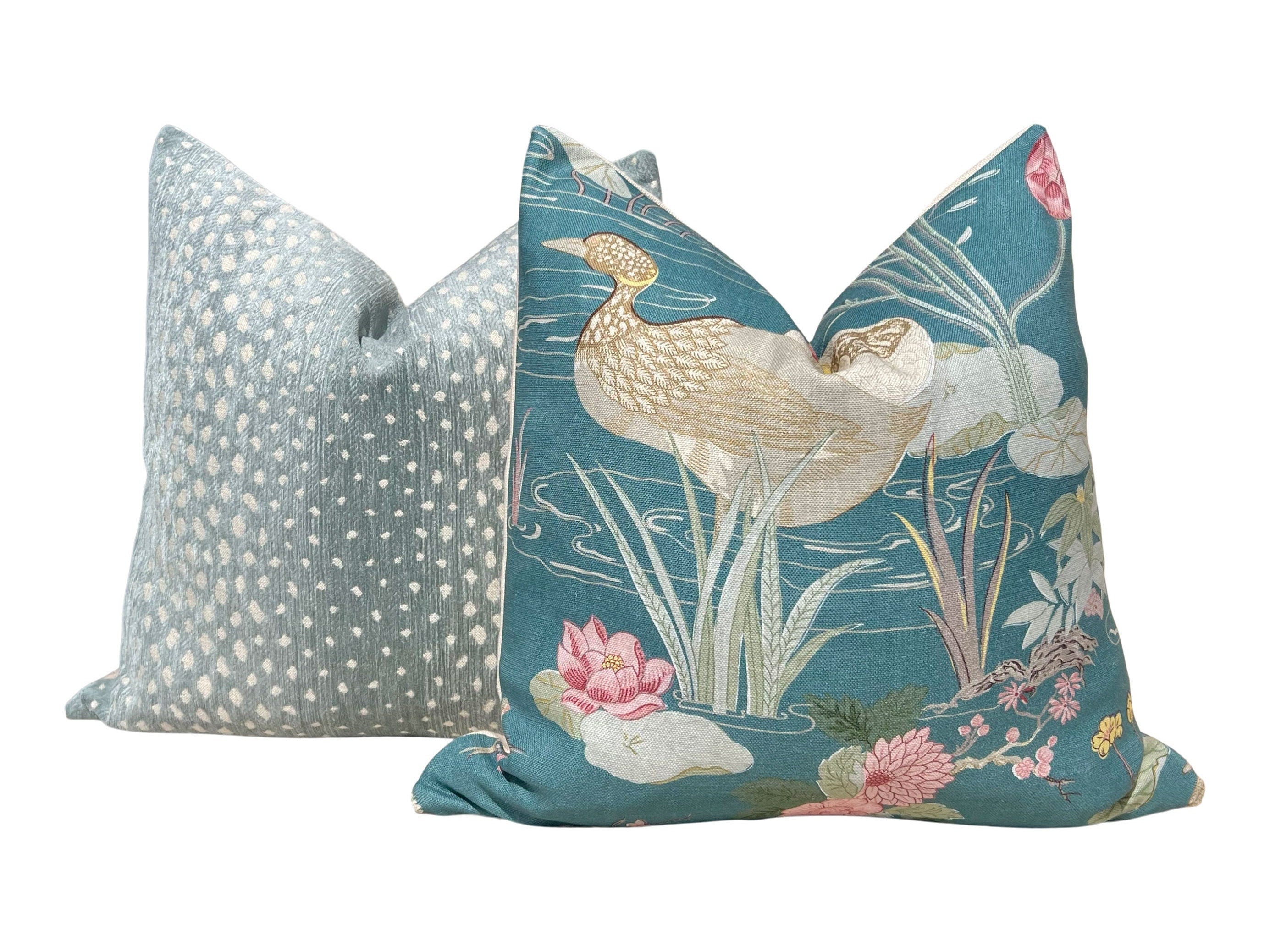 Lee Jofa Luzon Teal Pillow, Designer Exotic Bird Cushion, Luxury Turquoise Botanical Euro Sham 26x26, Decorative Pillow Covers
