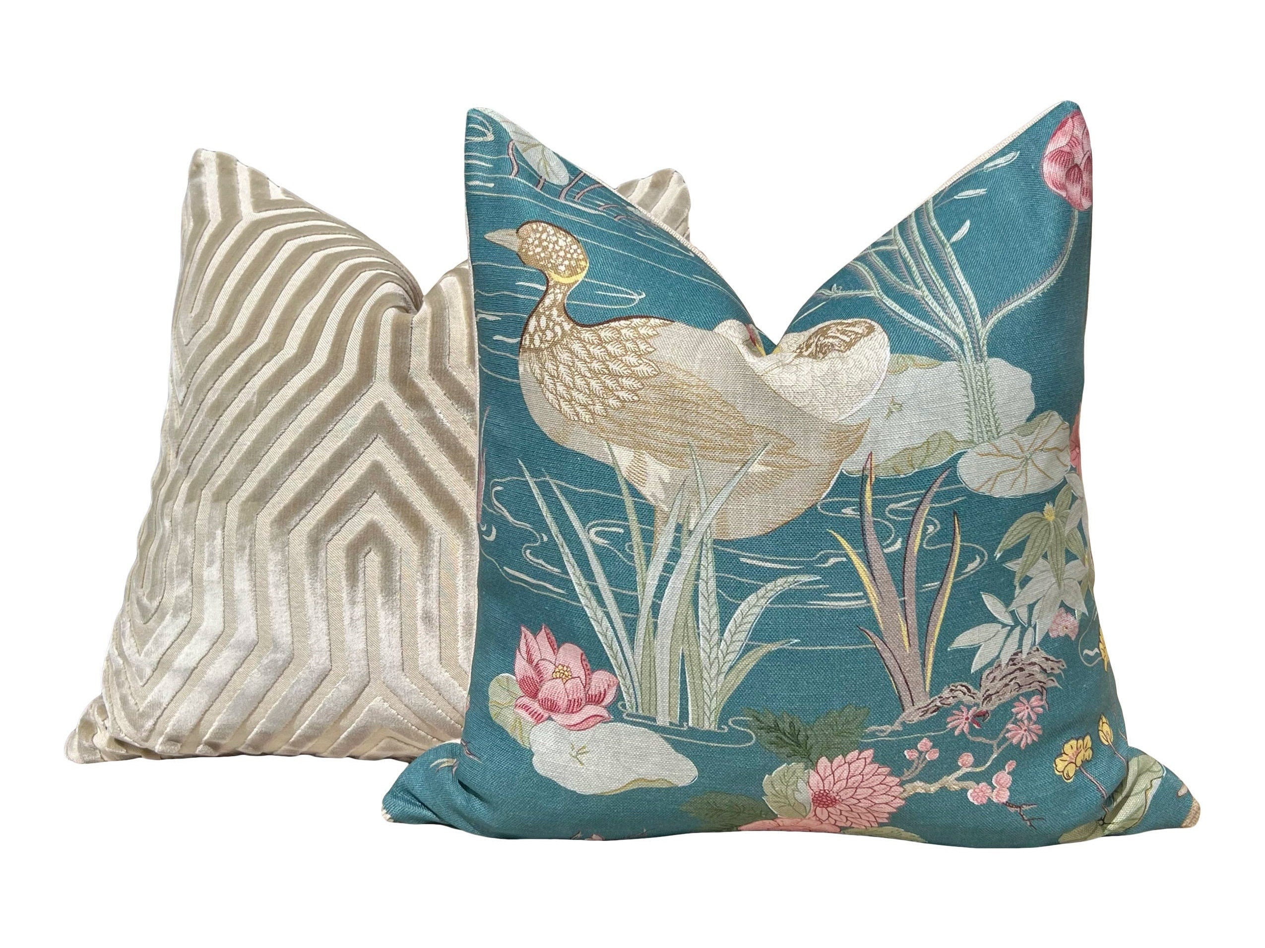 Lee Jofa Luzon Teal Pillow, Designer Exotic Bird Cushion, Luxury Turquoise Botanical Euro Sham 26x26, Decorative Pillow Covers