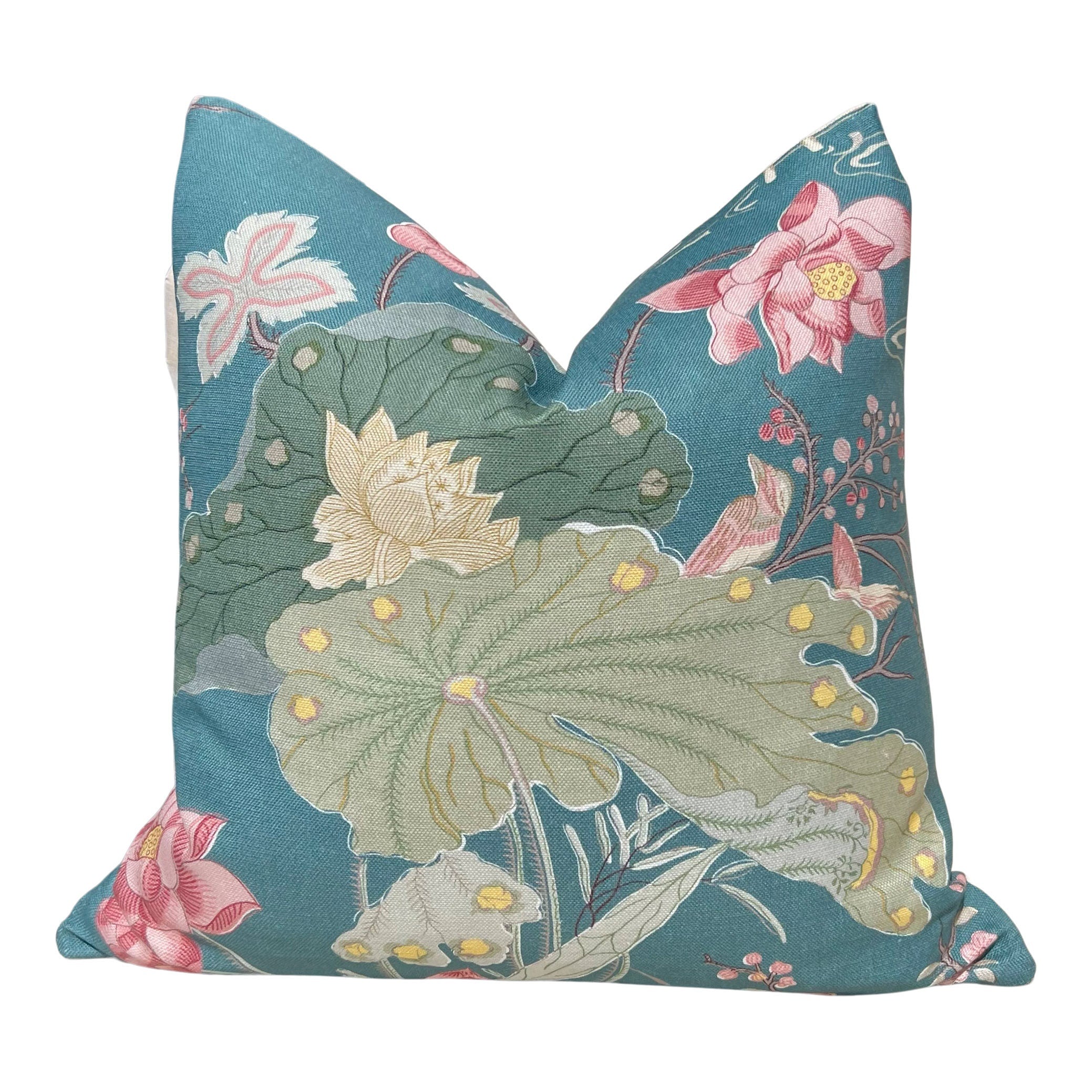 Lee Jofa Luzon Teal Pillow, Designer Exotic Bird Linen Cushion, Turquoise Green Botanical Accent Cover, Euro Sham Floral Pillows