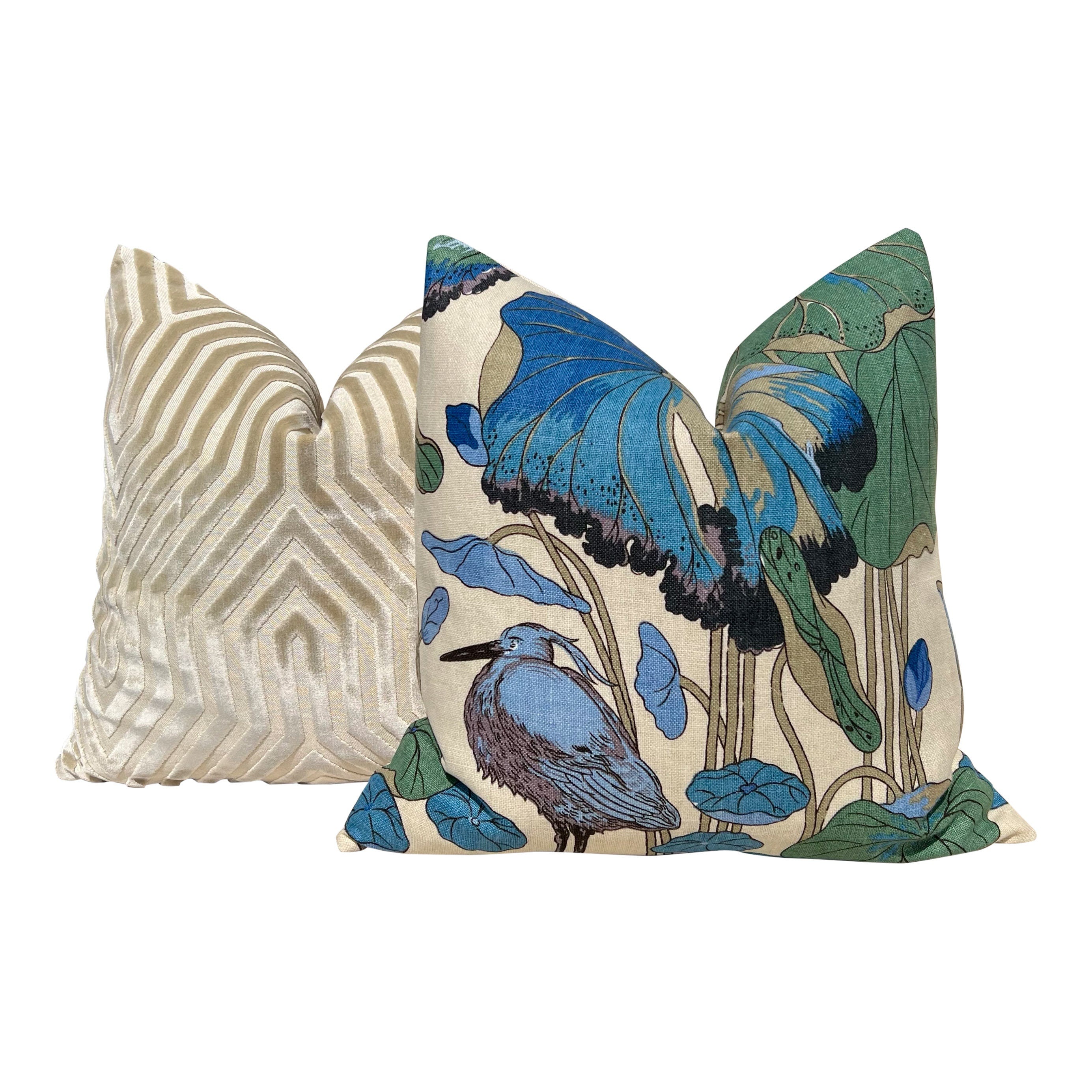 GP & J Baker Nympheus Linen Pillow in Teal. Designer Accent Floral Pillows, High End Cushion Covers, Decorative Exotic Bird Throw Pillow