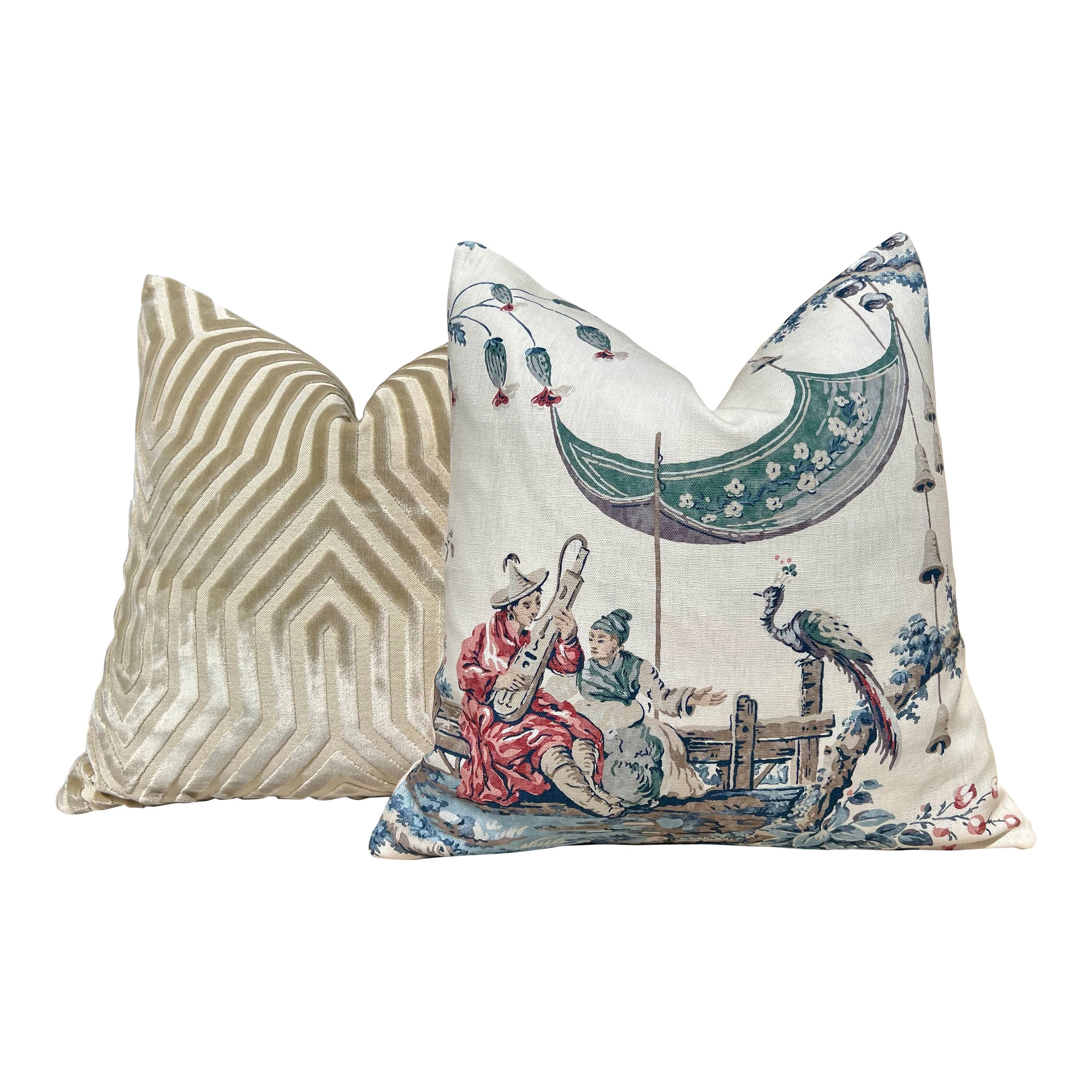 Emperor's Musician Blue and Cream Pillow Cover, Designer Chinoiserie Linen Cushion, Blue & Red Euro Sham Accent, Decorative Pillows