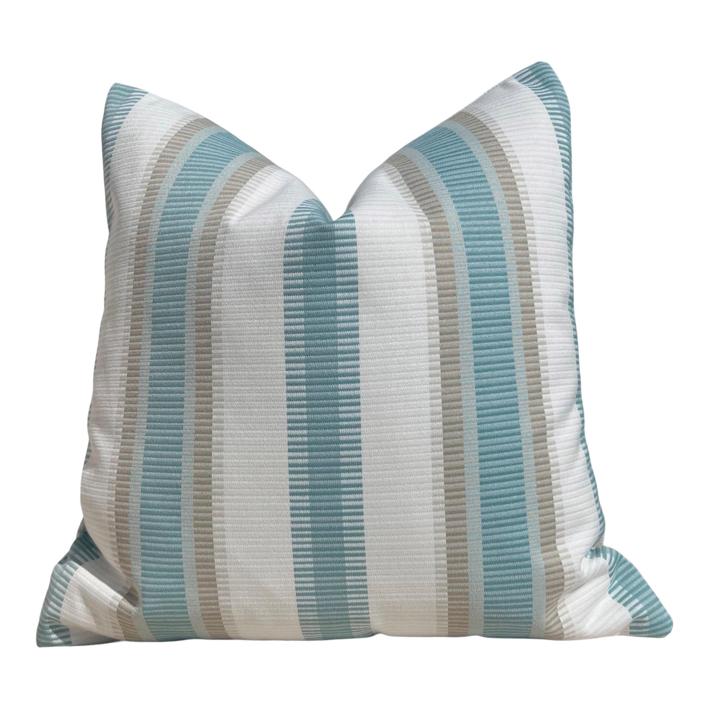 Thibaut Outdoor Woven Samba Stripe Pillow in Aqua. Outdoor Striped Pillow Cover Seaglass, Designer Accent Perfomance Cushions