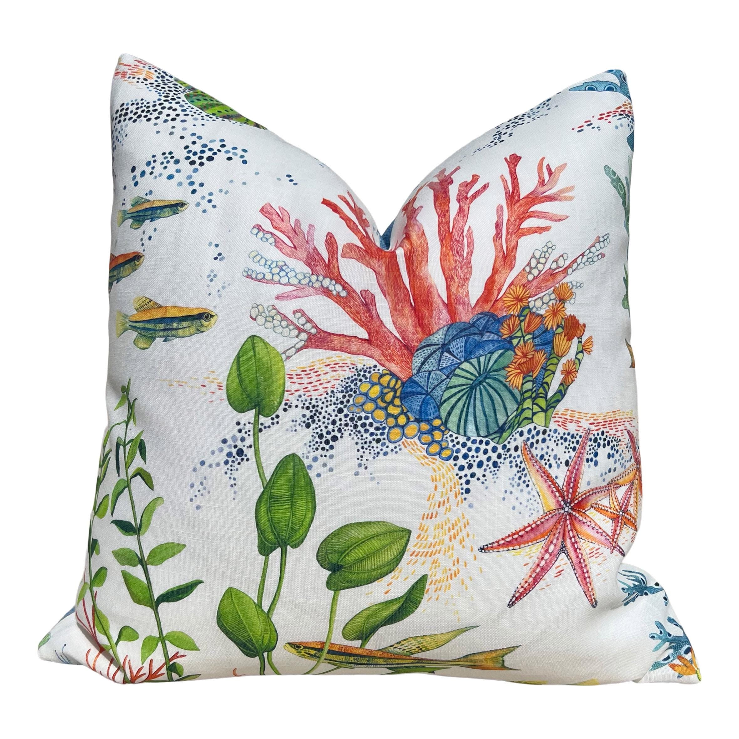 Designer Coralline Outdoor Decorative Pillow in Blue and Coral. Outdoor Designer Pillow Covers, Accent Tropical Cushion Covers Sea Life