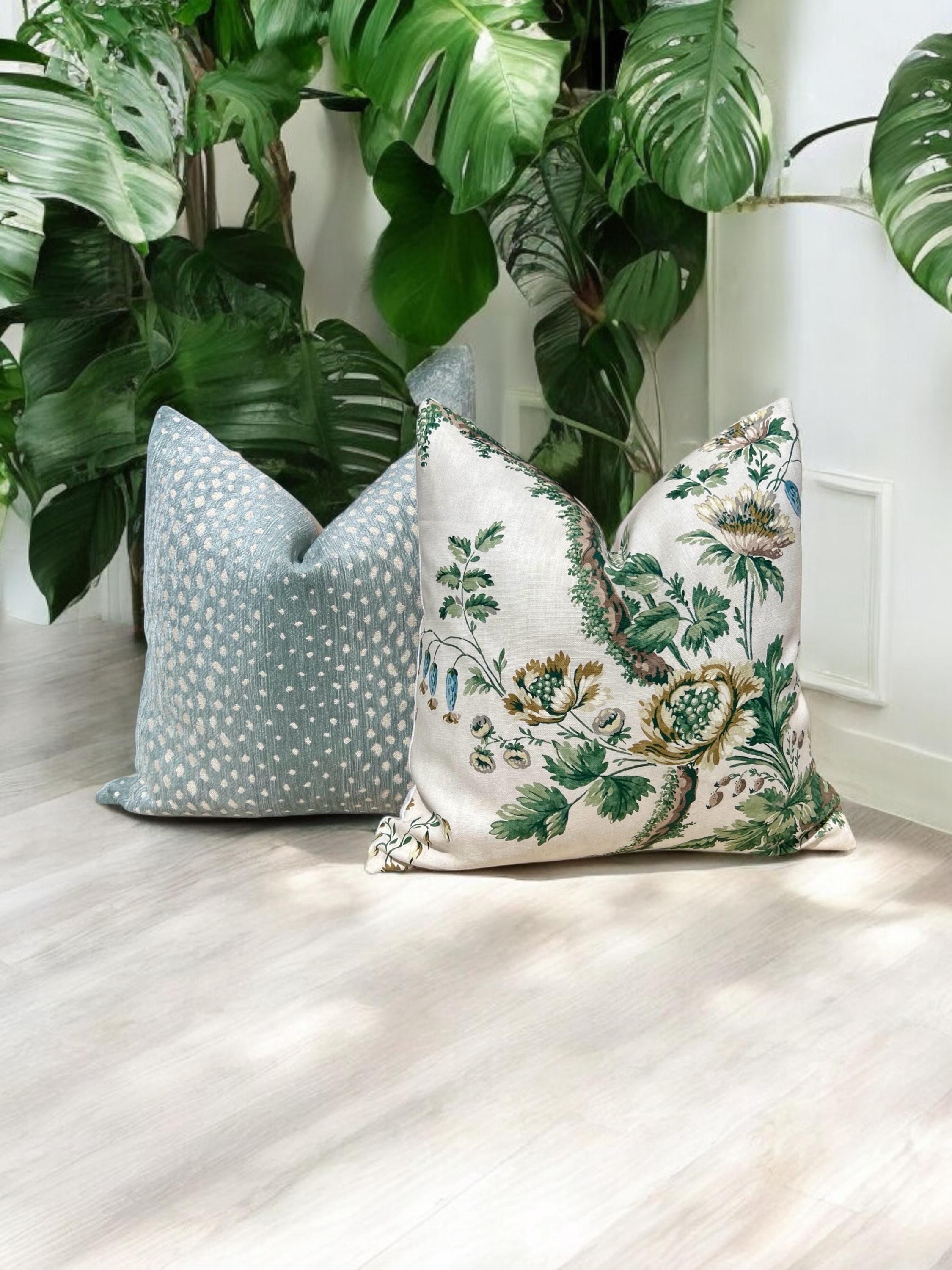 Designer Floral Pillow in Green and Beige. Accent Vine Linen Pillow, Decorative Chinoiserie Linen Cushions, Euro Sham Cover, High End Pillow