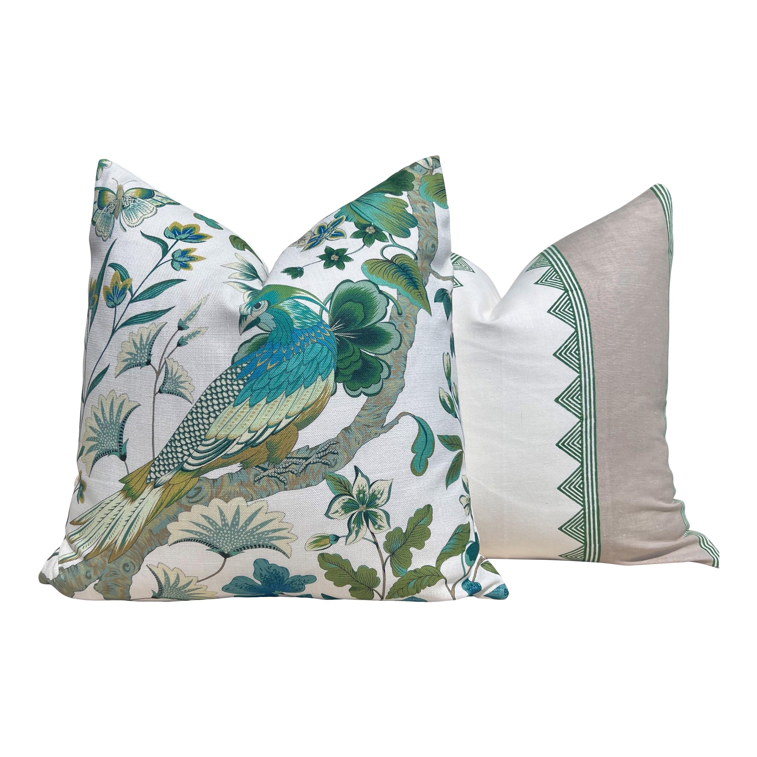 Schumacher Botany Bay Pillow Green, Tropical Bird Cushion Cover, Designer Exotic Accent Pillow, Peacock Print Decor, Decorative Green Pillow