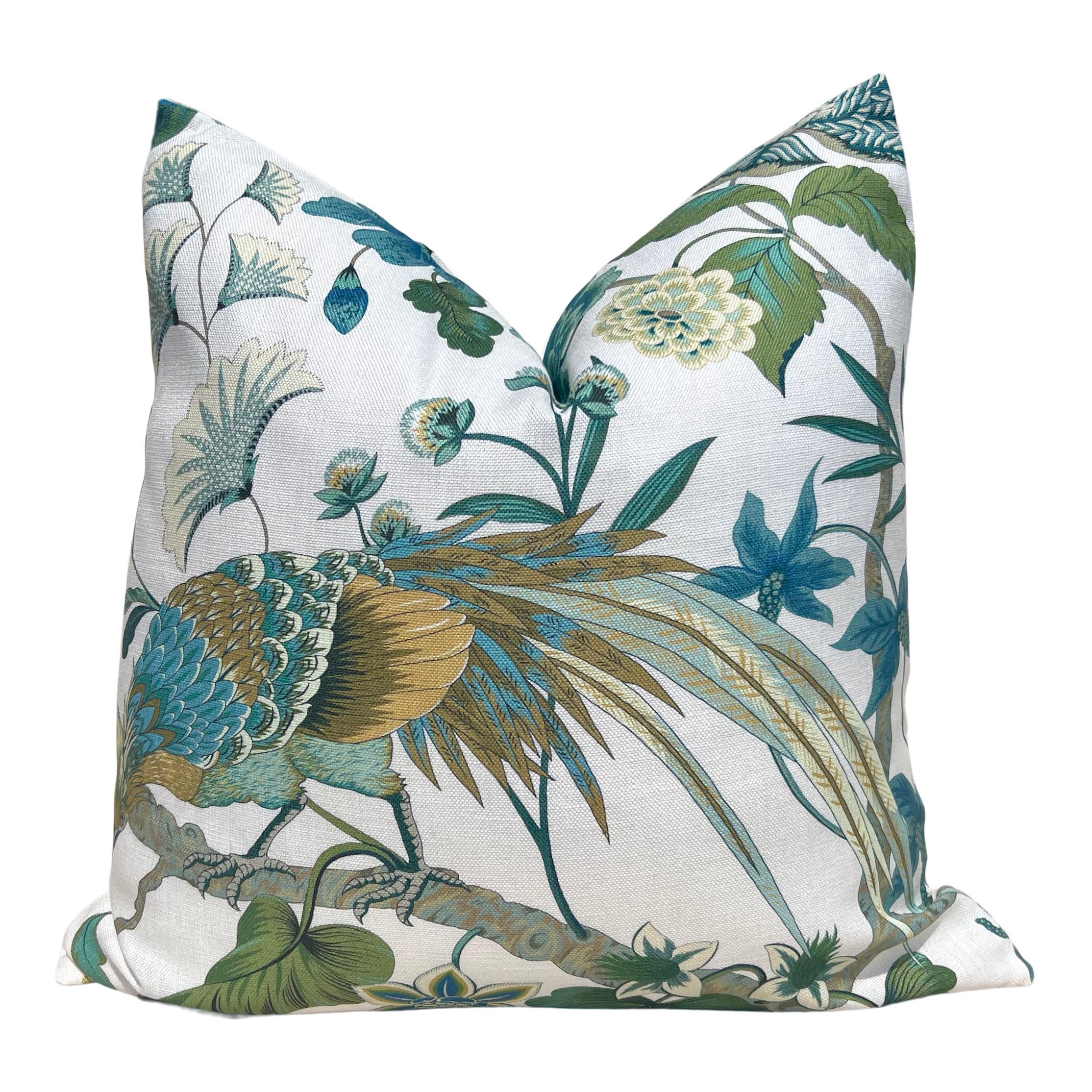 Schumacher Botany Bay Pillow Green, Tropical Bird Cushion Cover, Designer Exotic Accent Pillow, Peacock Print Decor, Decorative Green Pillow