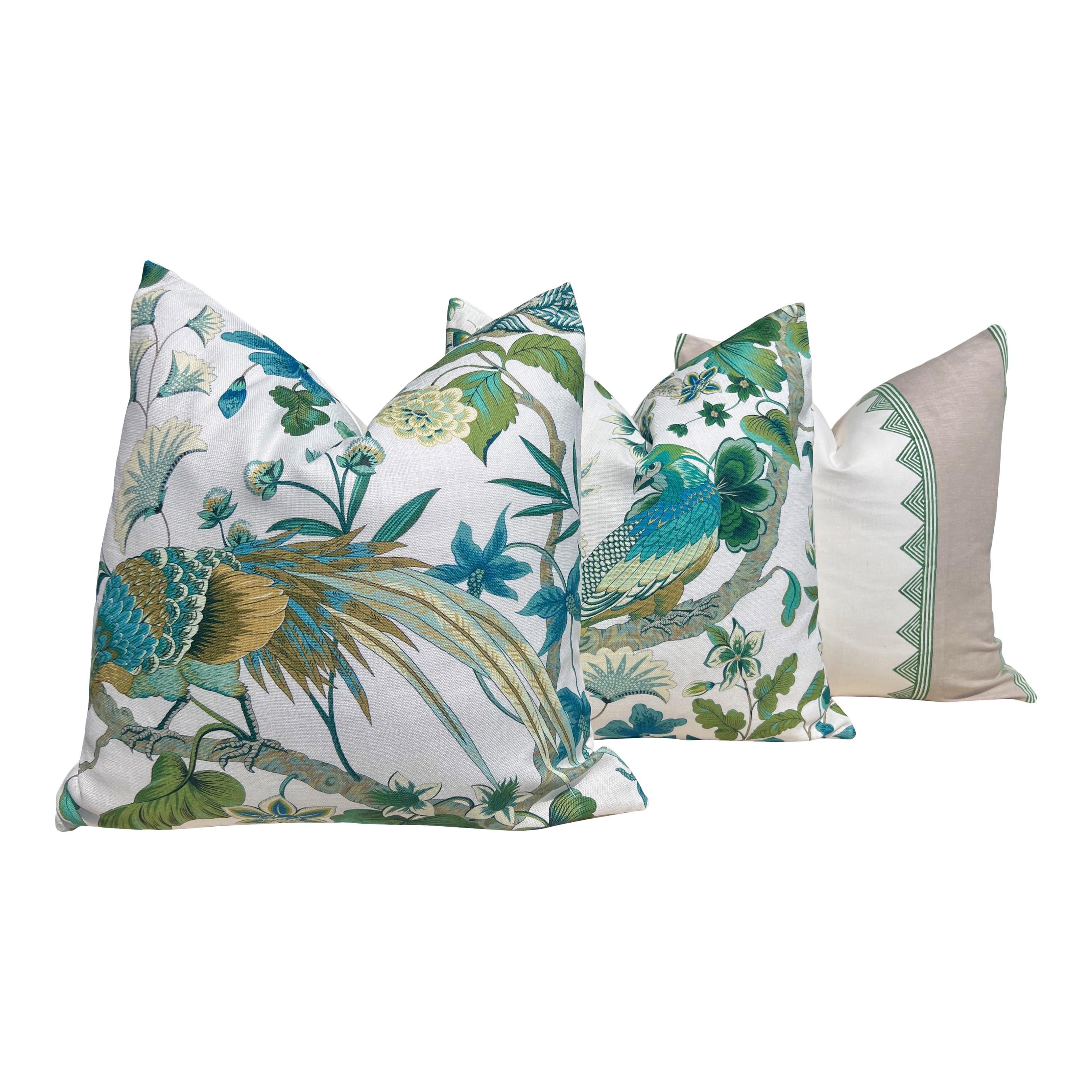 Schumacher Botany Bay Pillow Green, Tropical Bird Cushion Cover, Designer Exotic Accent Pillow, Peacock Print Decor, Decorative Green Pillow