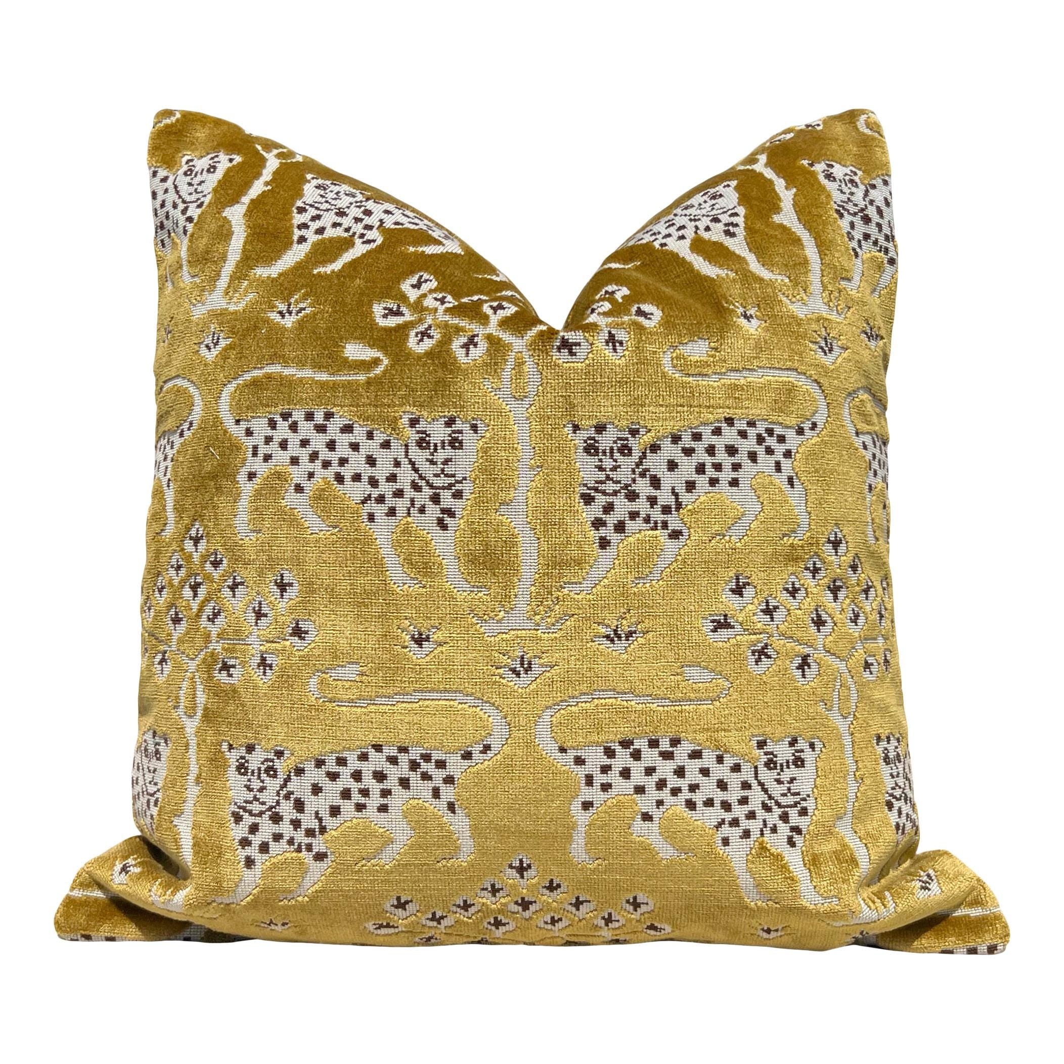 Schumacher Gold Velvet Pillow with Leopard Print, Luxury Designer Cushion, Bronze Accent Home Decor, Decorative Pillow Covers