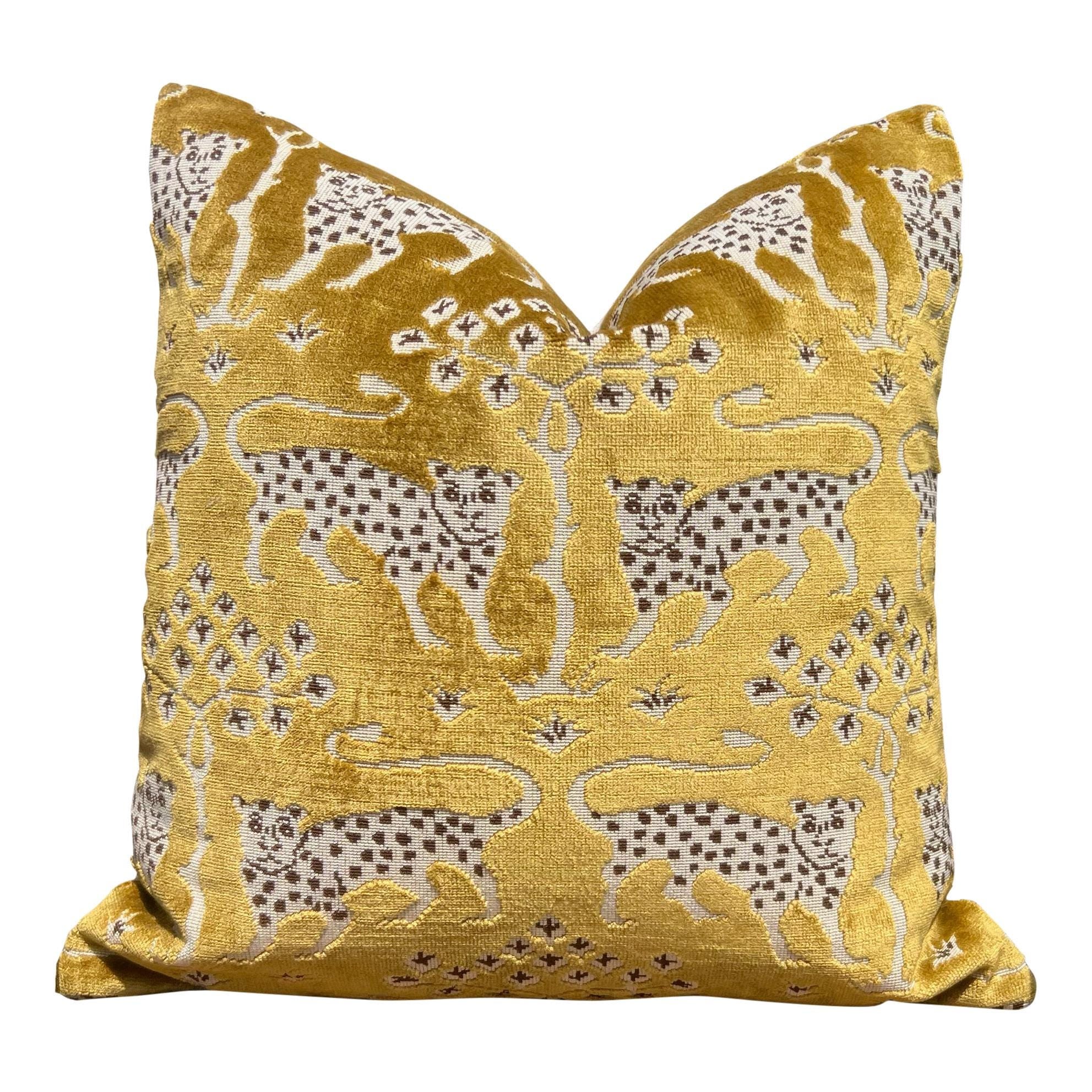Schumacher Gold Velvet Pillow with Leopard Print, Luxury Designer Cushion, Bronze Accent Home Decor, Decorative Pillow Covers