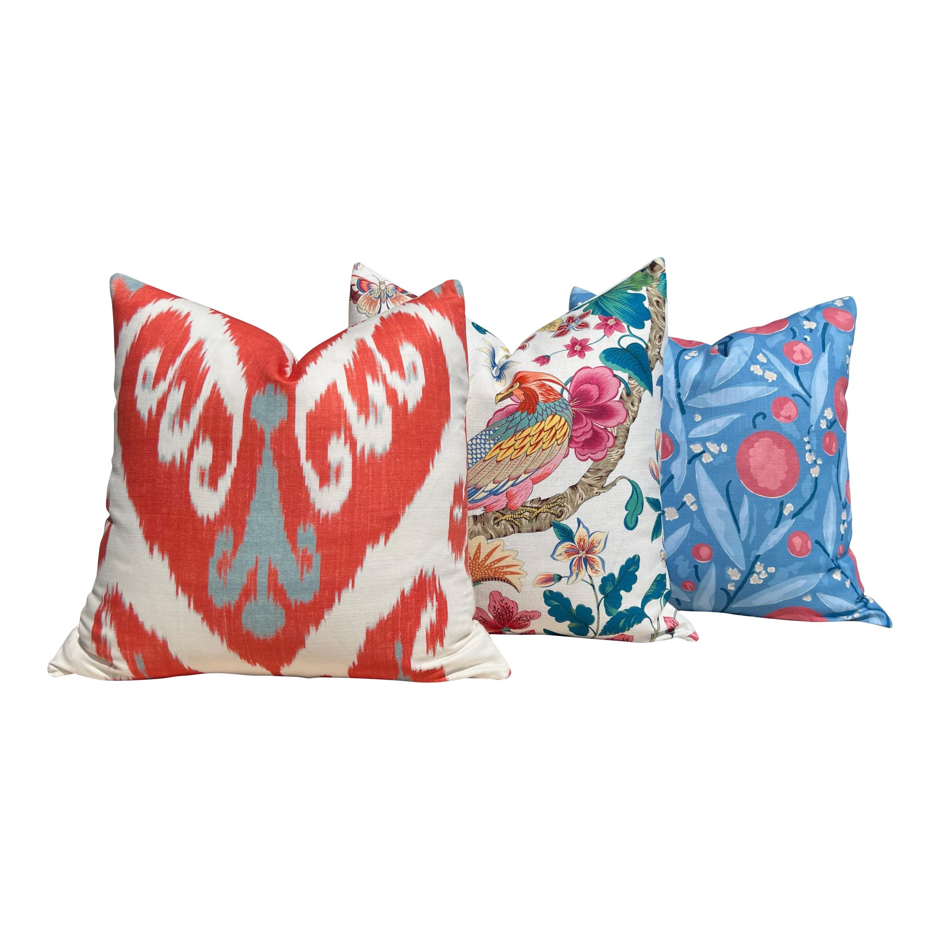 Thibaut Indies Ikat Pillow in Coral Aqua. Designer Cushion, Boho Red Aqua Accent Pillow, Euro Sham 26x26, Geometric Bohemian Decor Pillow