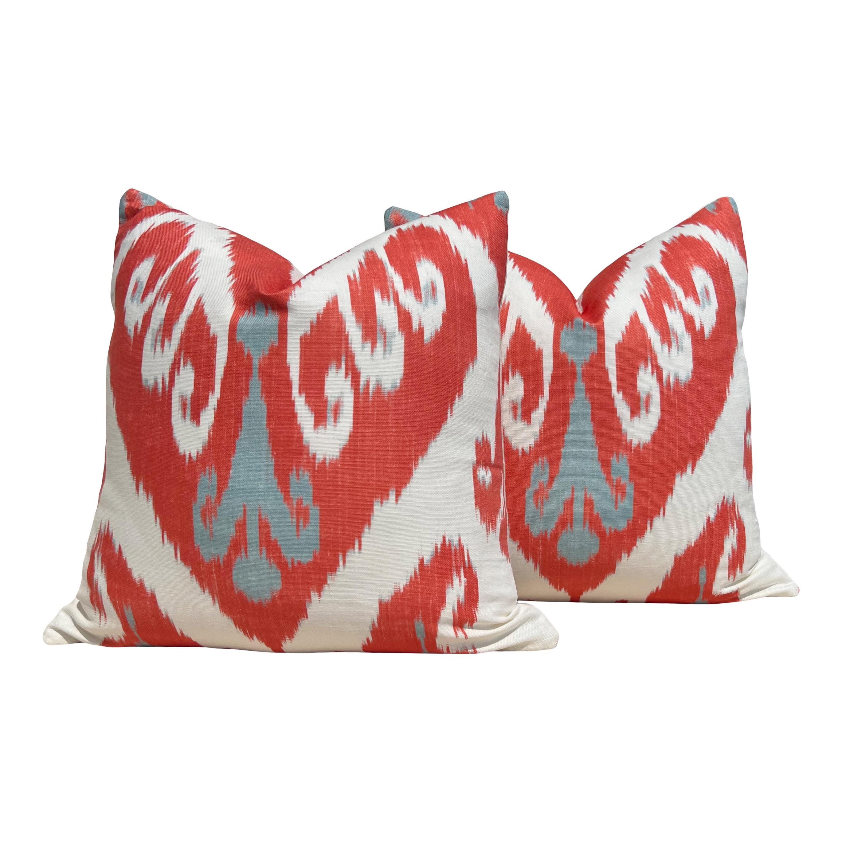 Thibaut Indies Ikat Pillow in Coral Aqua. Designer Cushion, Boho Red Aqua Accent Pillow, Euro Sham 26x26, Geometric Bohemian Decor Pillow