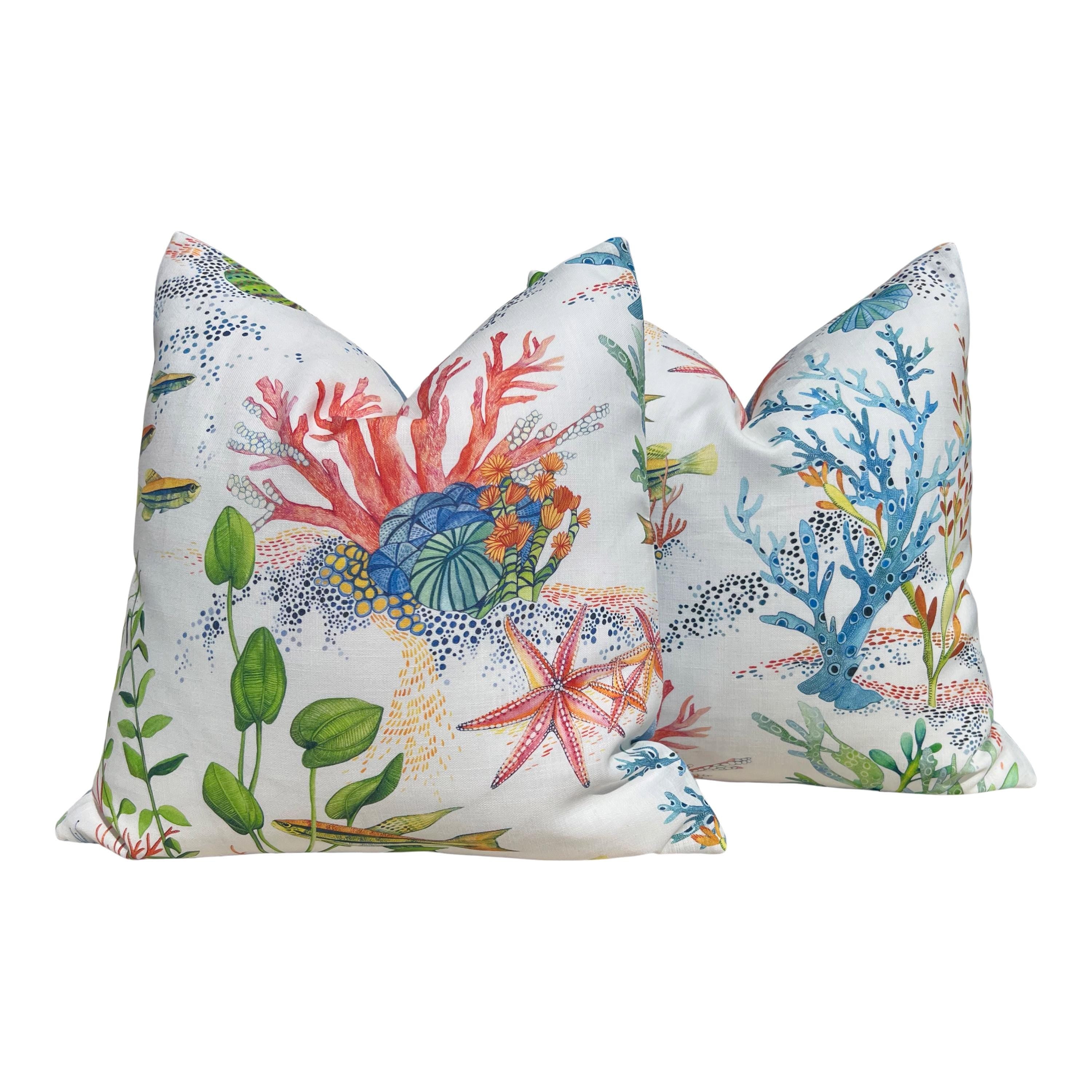 Designer Coralline Outdoor Decorative Pillow in Blue and Coral. Outdoor Designer Pillow Covers, Accent Tropical Cushion Covers Sea Life