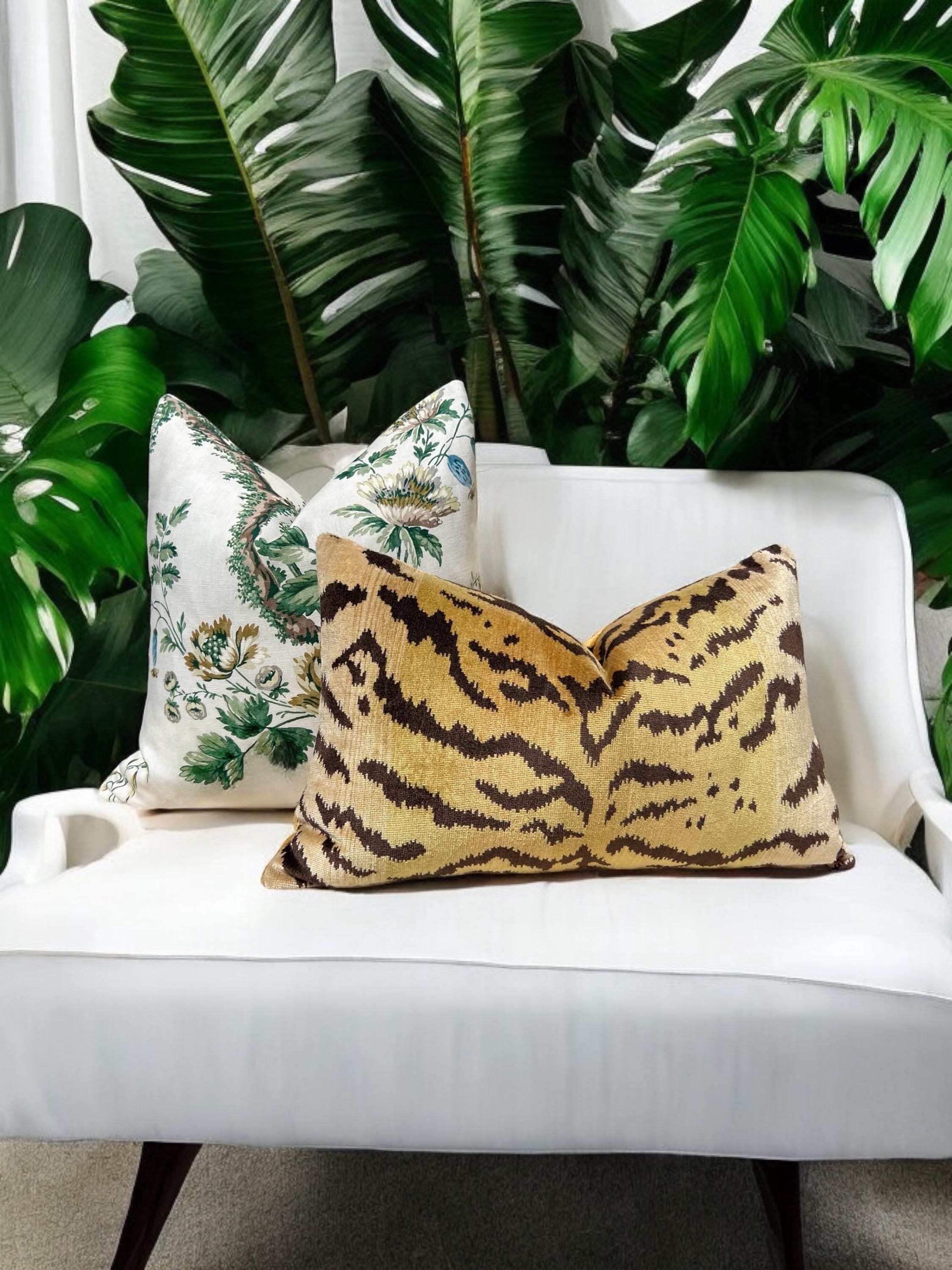 Designer Floral Pillow in Green and Beige. Accent Vine Linen Pillow, Decorative Chinoiserie Linen Cushions, Euro Sham Cover, High End Pillow