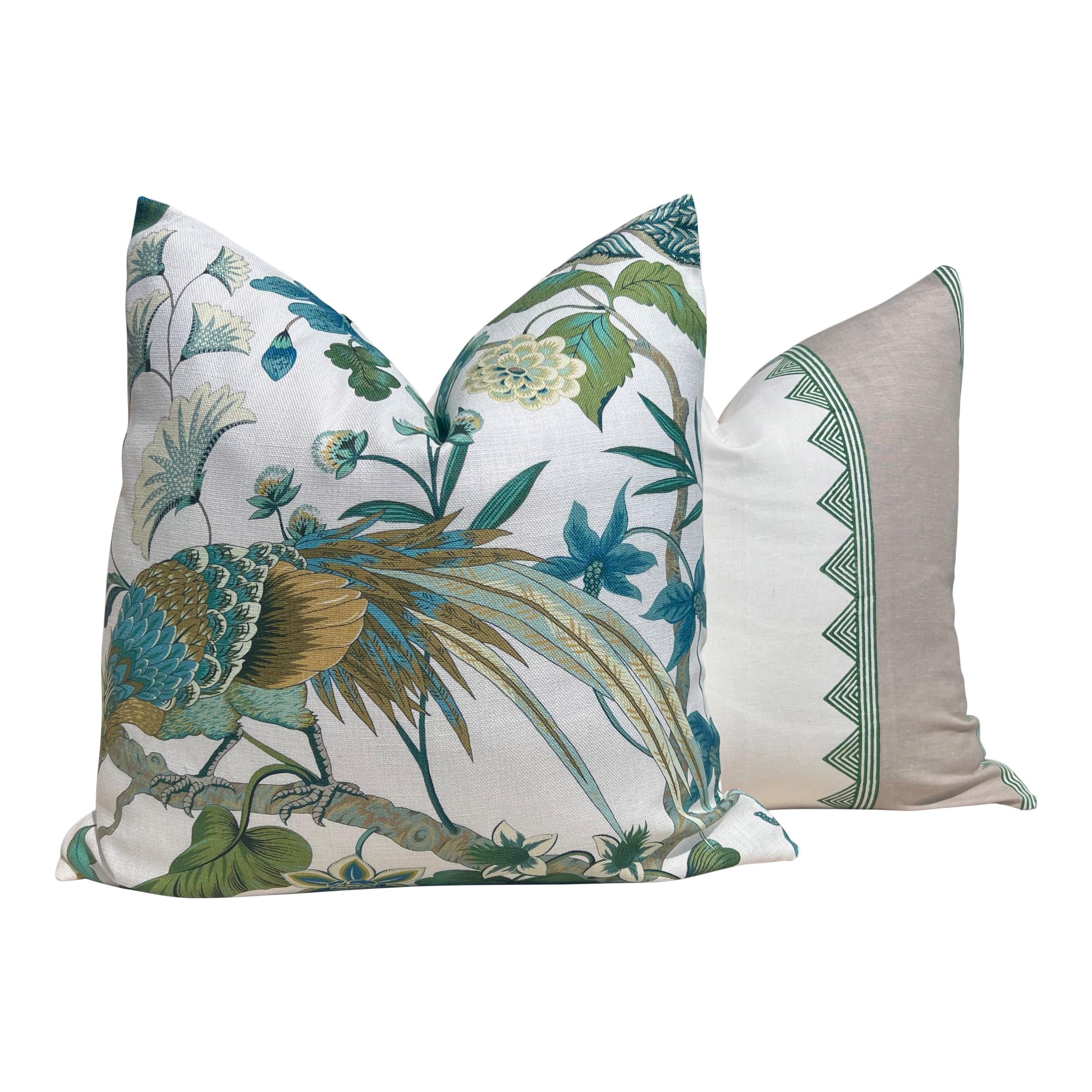 Schumacher Botany Bay Pillow Green, Tropical Bird Cushion Cover, Designer Exotic Accent Pillow, Peacock Print Decor, Decorative Green Pillow