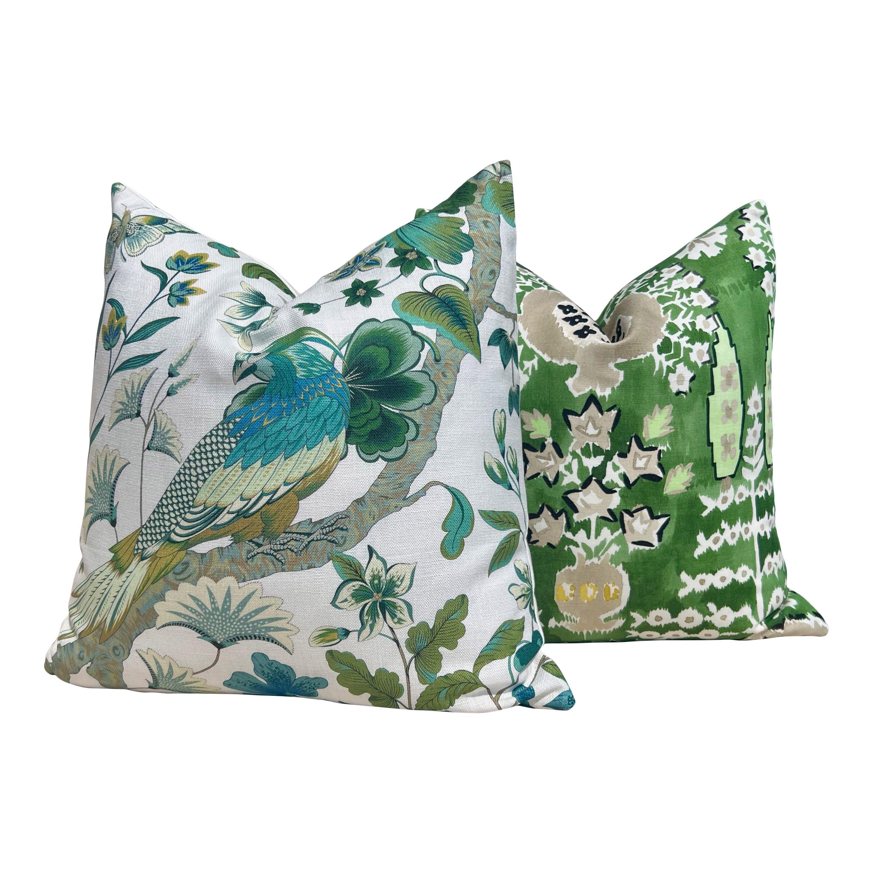 Schumacher Botany Bay Pillow Green, Tropical Bird Cushion Cover, Designer Exotic Accent Pillow, Peacock Print Decor, Decorative Green Pillow
