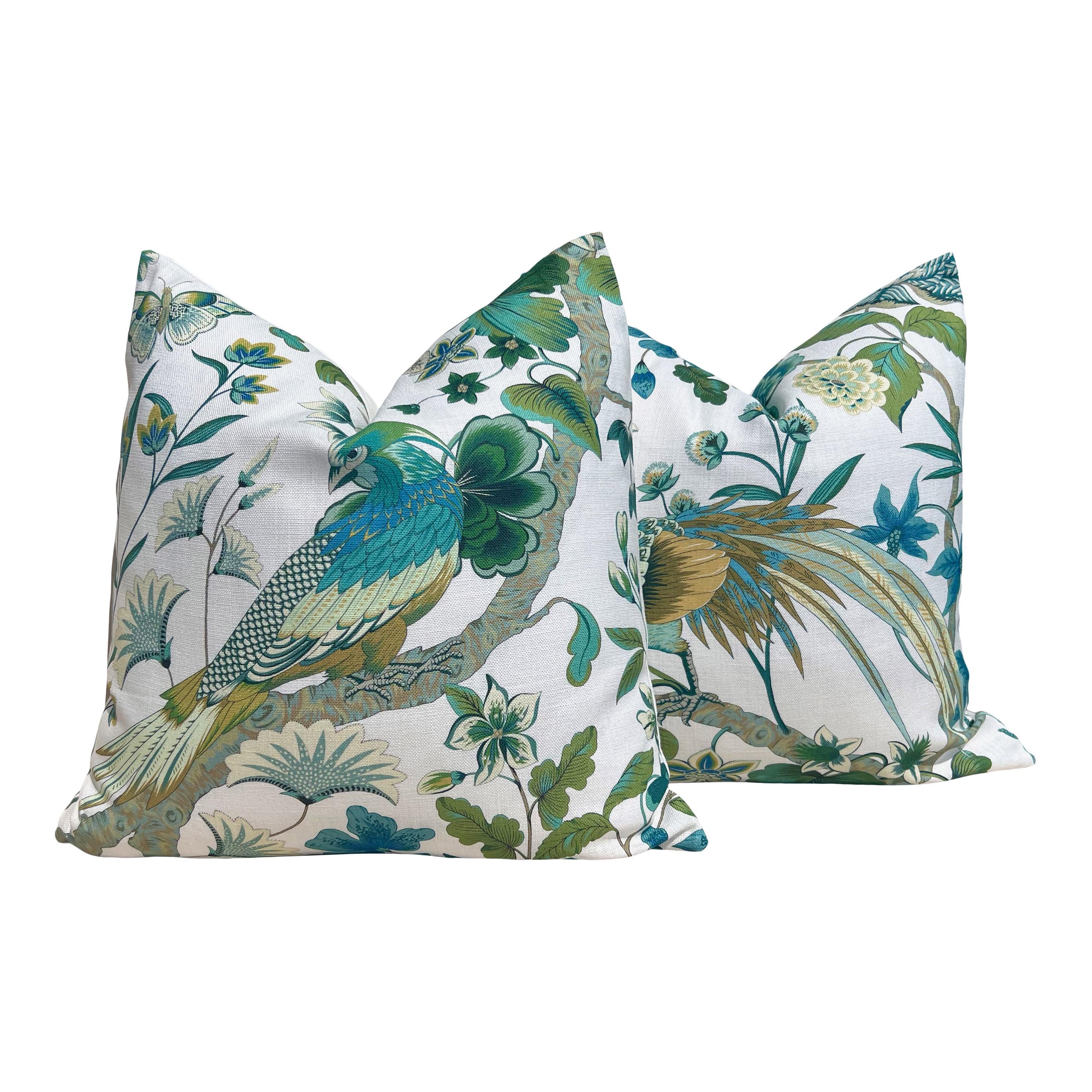 Schumacher Botany Bay Pillow Green, Tropical Bird Cushion Cover, Designer Exotic Accent Pillow, Peacock Print Decor, Decorative Green Pillow