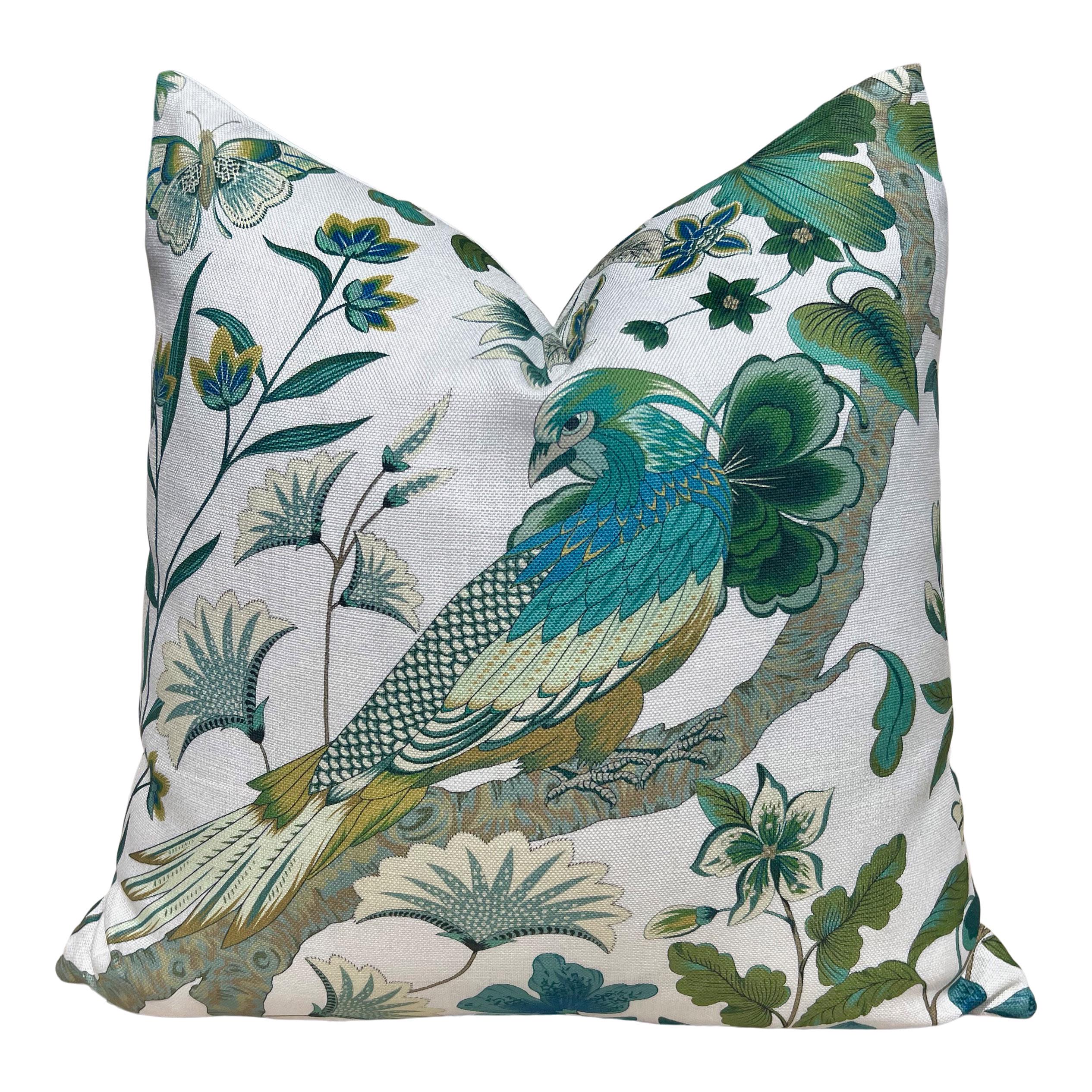 Schumacher Botany Bay Pillow Green, Tropical Bird Cushion Cover, Designer Exotic Accent Pillow, Peacock Print Decor, Decorative Green Pillow