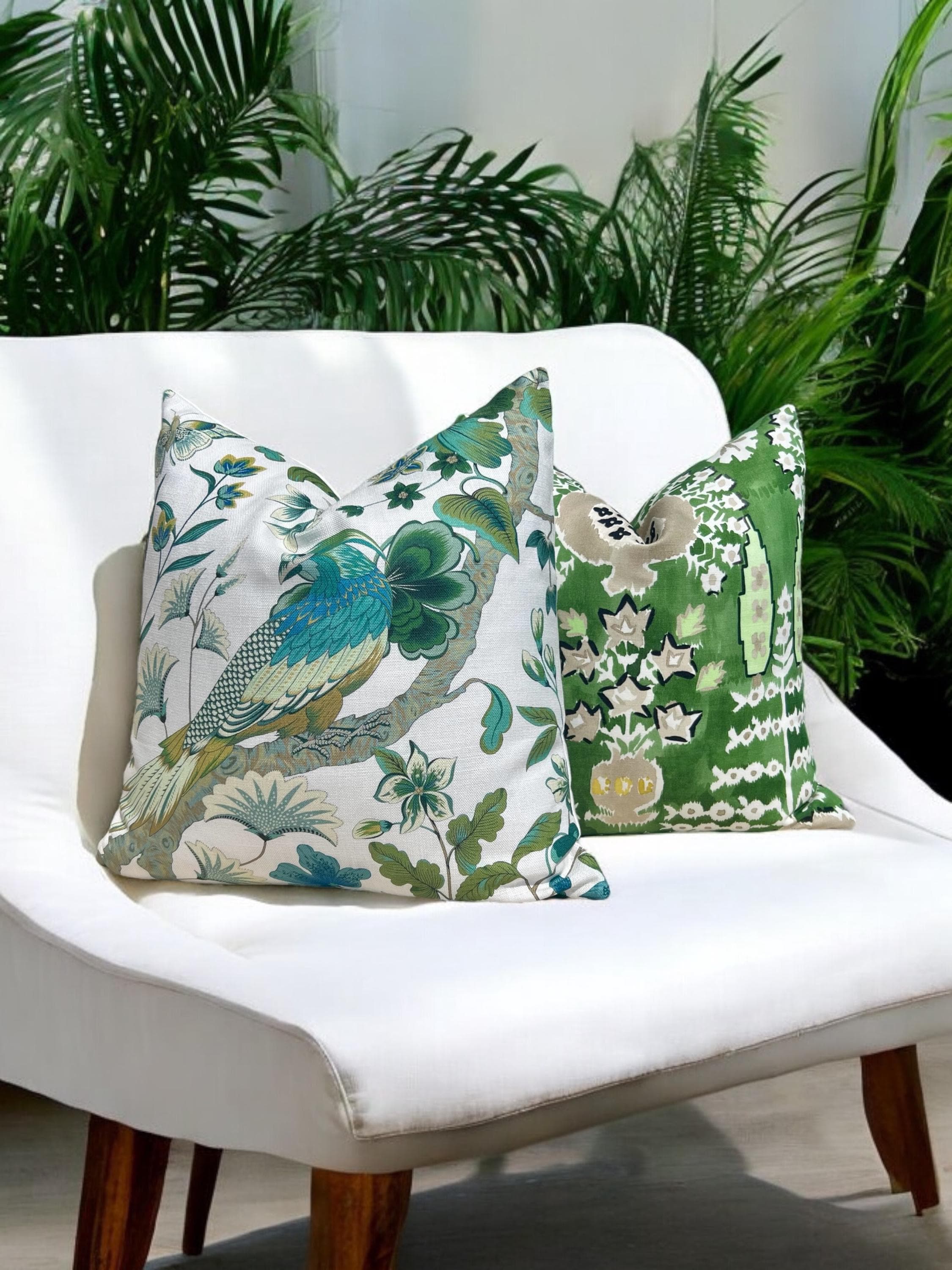 Schumacher Botany Bay Pillow Green, Tropical Bird Cushion Cover, Designer Exotic Accent Pillow, Peacock Print Decor, Decorative Green Pillow