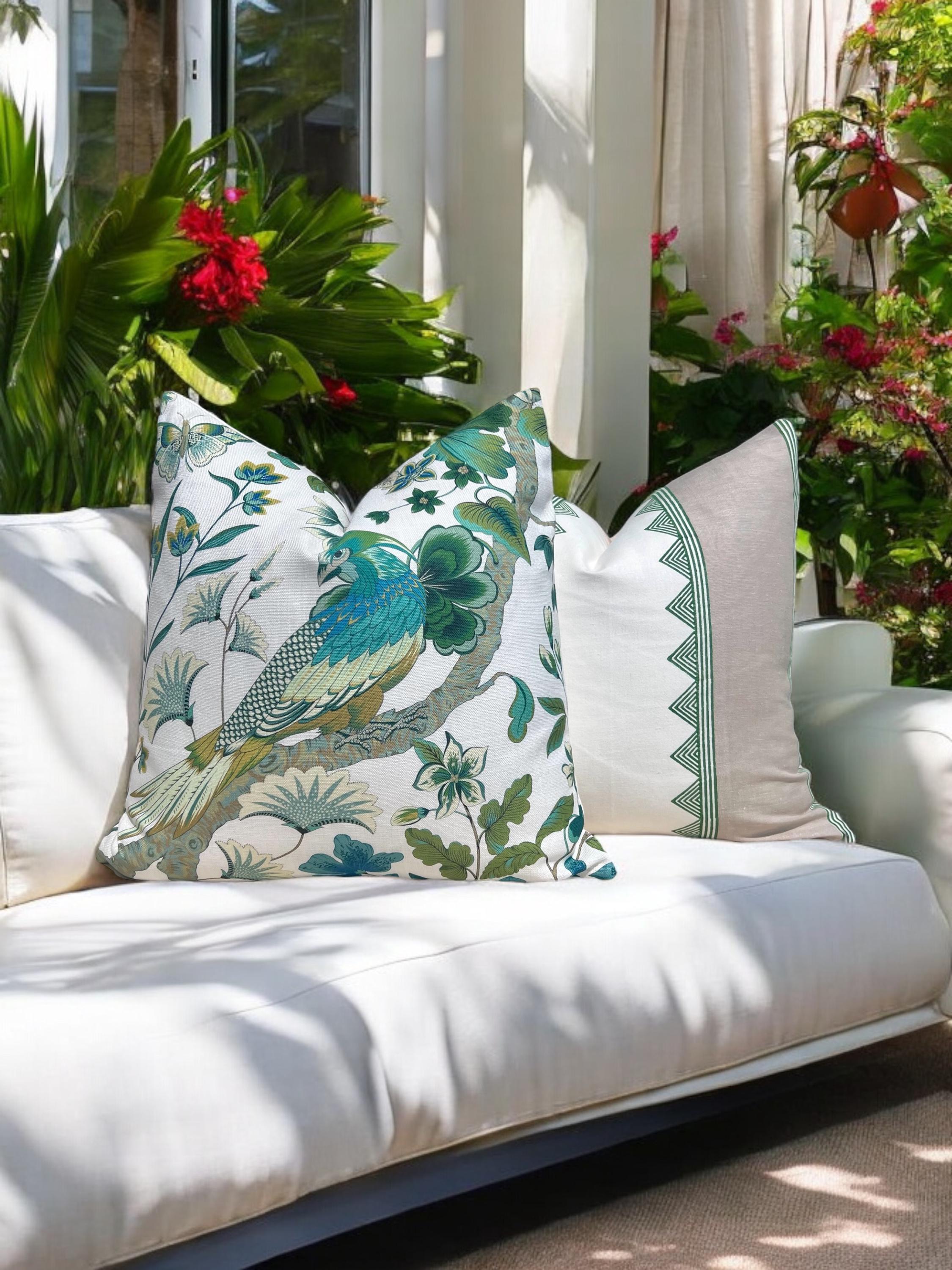Schumacher Botany Bay Pillow Green, Tropical Bird Cushion Cover, Designer Exotic Accent Pillow, Peacock Print Decor, Decorative Green Pillow